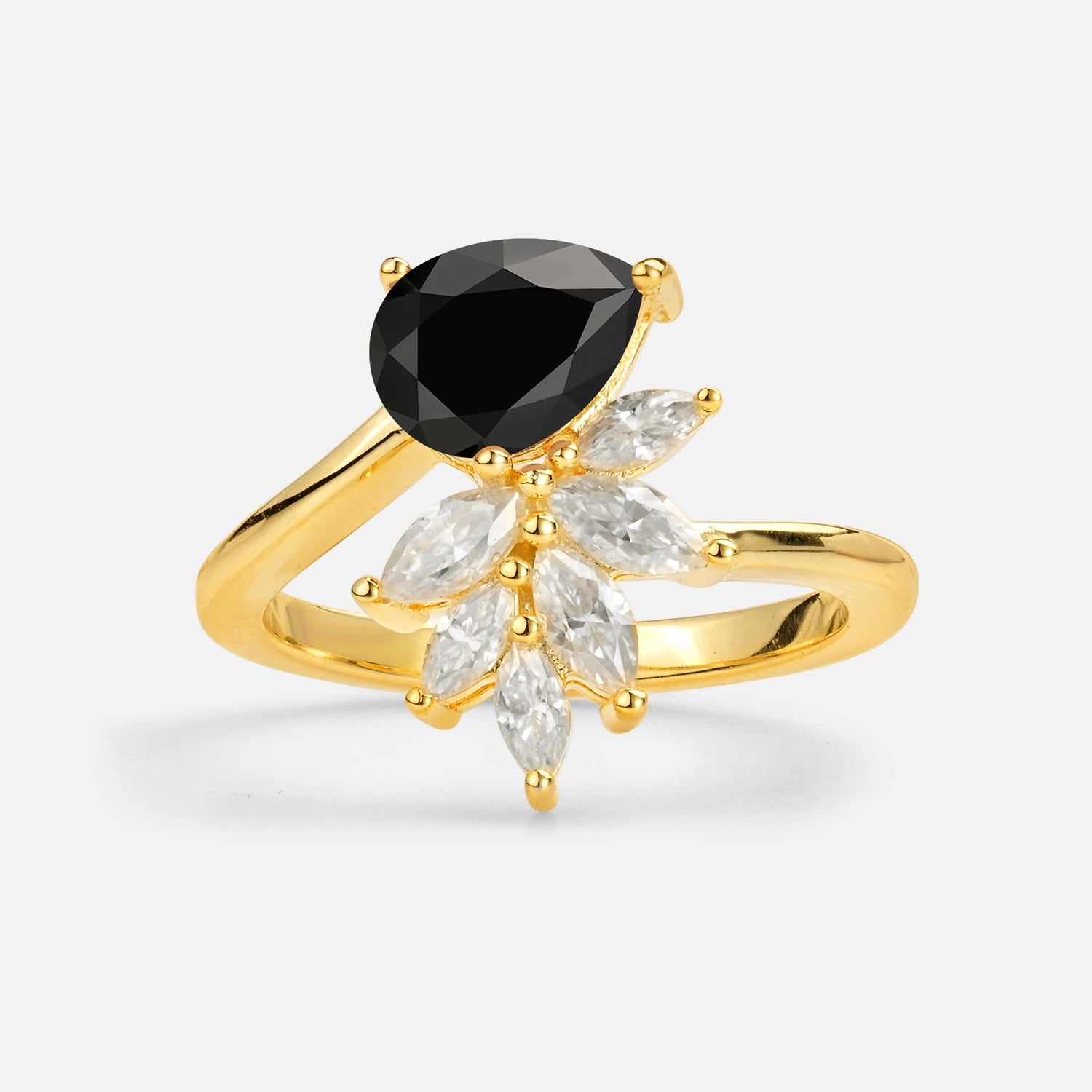 Pear Cut Black Onyx Marquise Cluster Bypass Engagement Ring - Additional view
