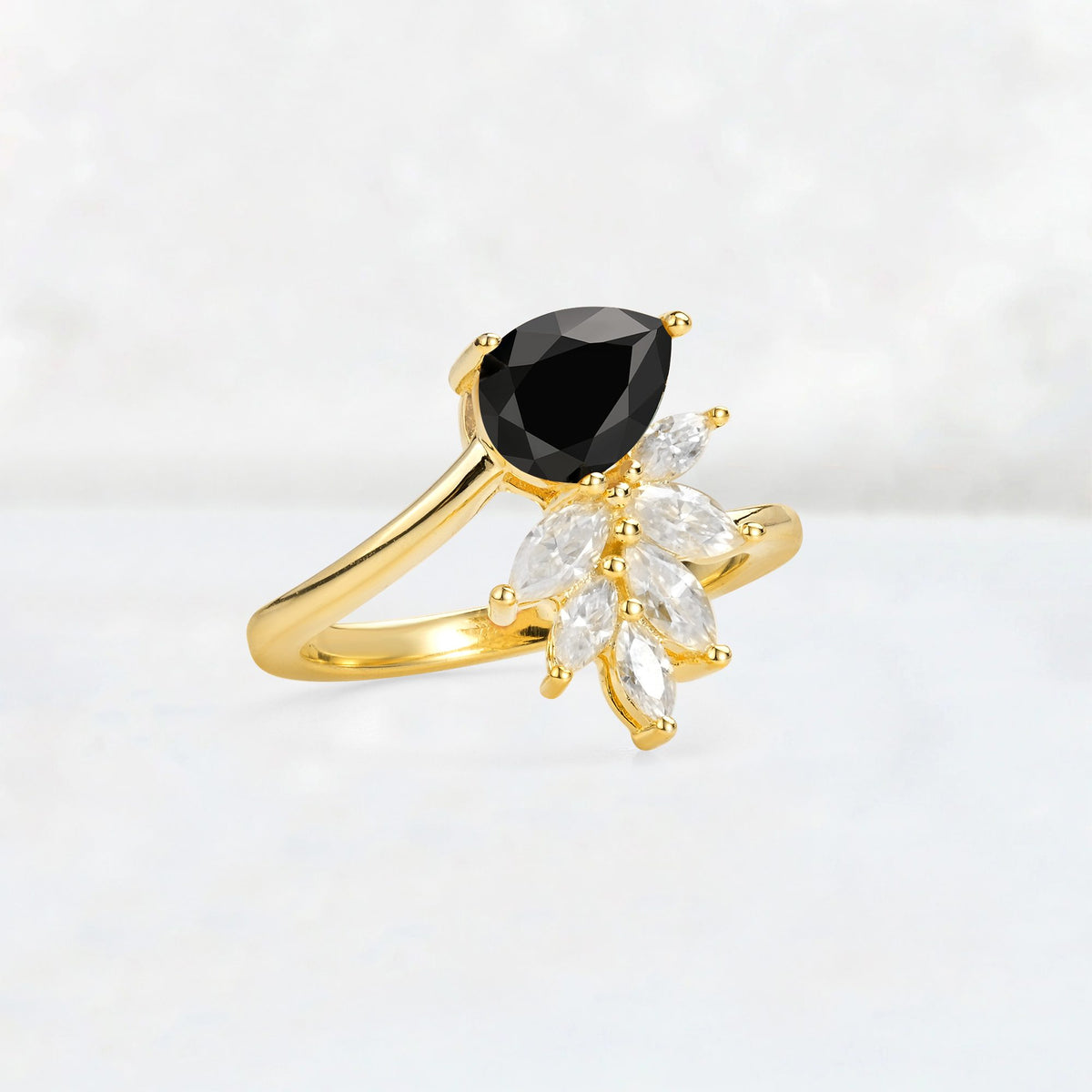 Pear Cut Black Onyx Marquise Cluster Bypass Engagement Ring - Additional view