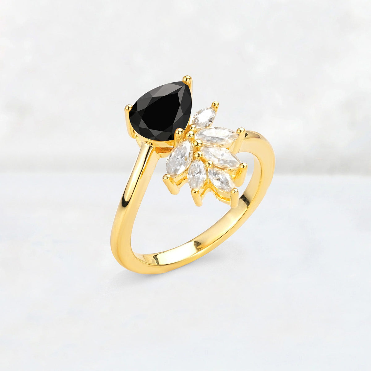 Pear Cut Black Onyx Marquise Cluster Bypass Engagement Ring - Additional view