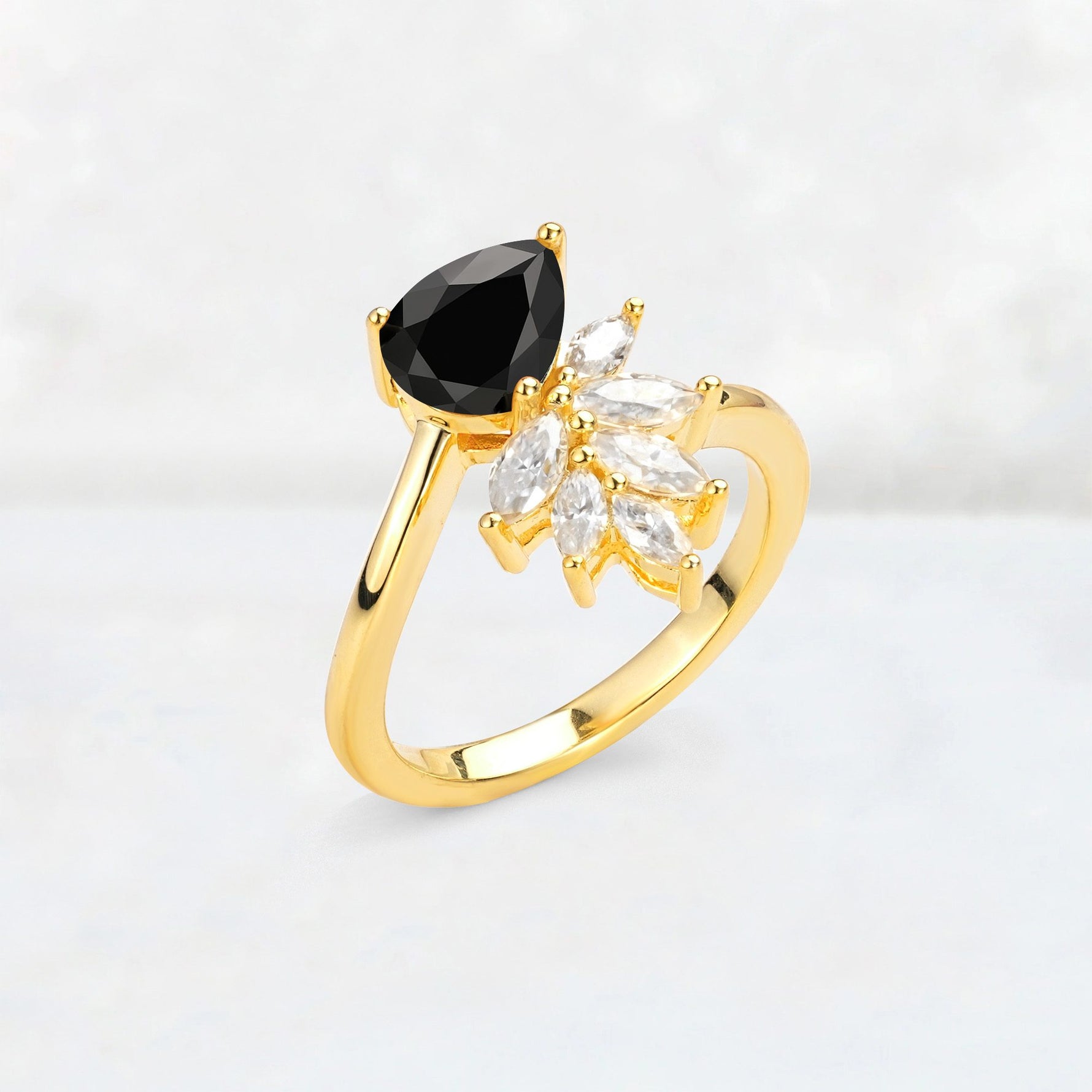 Pear Cut Black Onyx Marquise Cluster Bypass Engagement Ring - Additional view