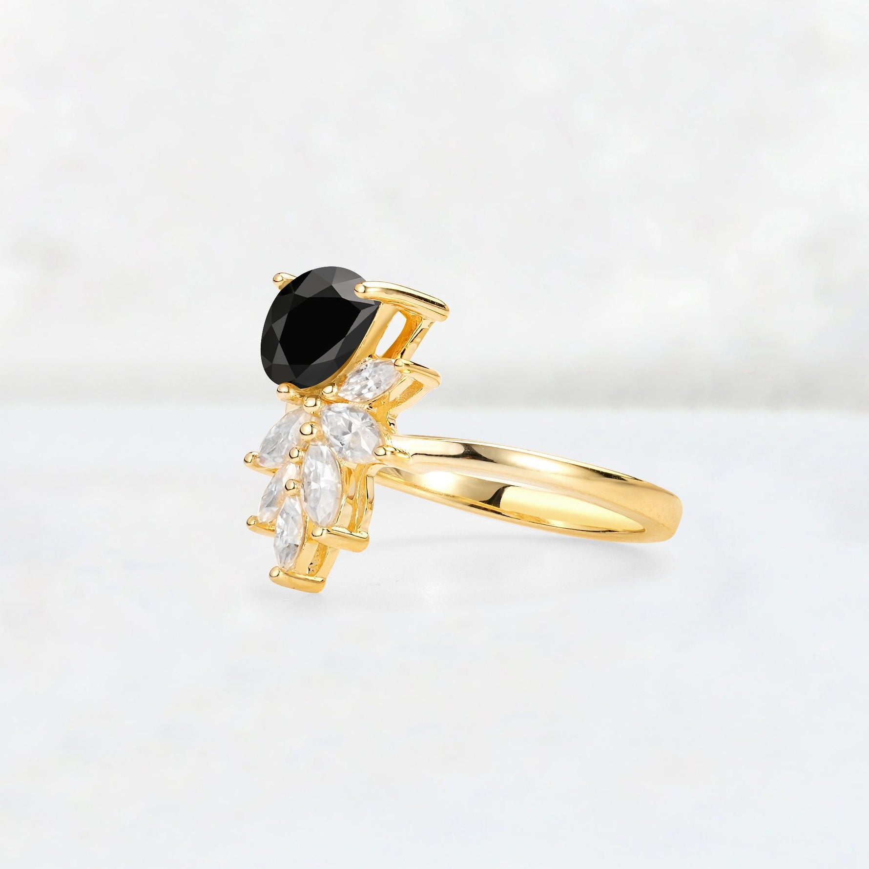 Pear Cut Black Onyx Marquise Cluster Bypass Engagement Ring - Additional view