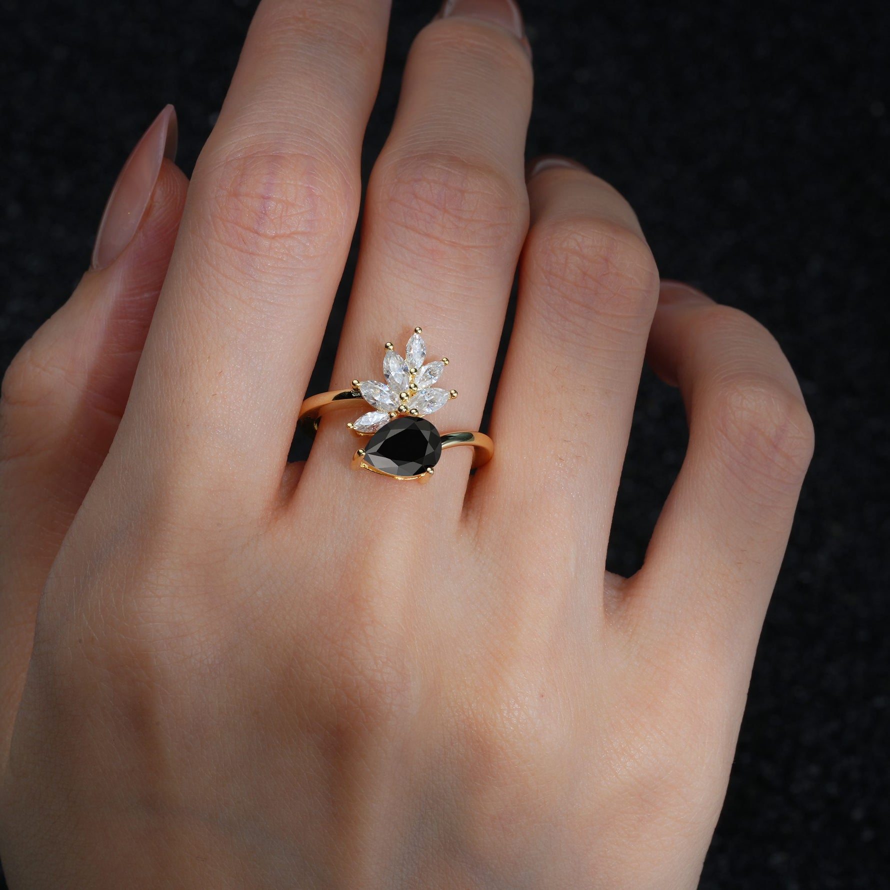 Pear Cut Black Onyx Marquise Cluster Bypass Engagement Ring - Additional view