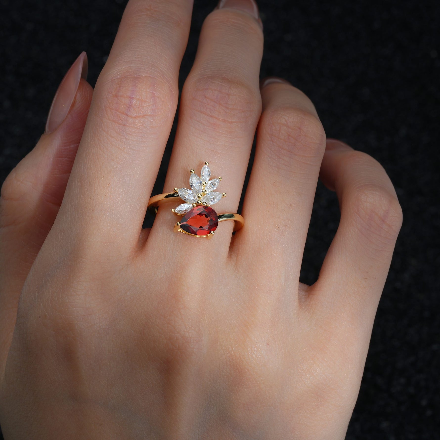 Pear Cut Garnet Marquise Cluster Bypass Engagement Ring - Additional view