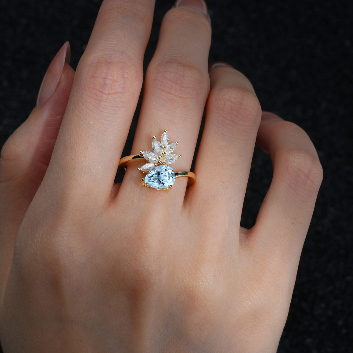 Pear Cut Aquamarine Marquise Cluster Bypass Engagement Ring - Additional view