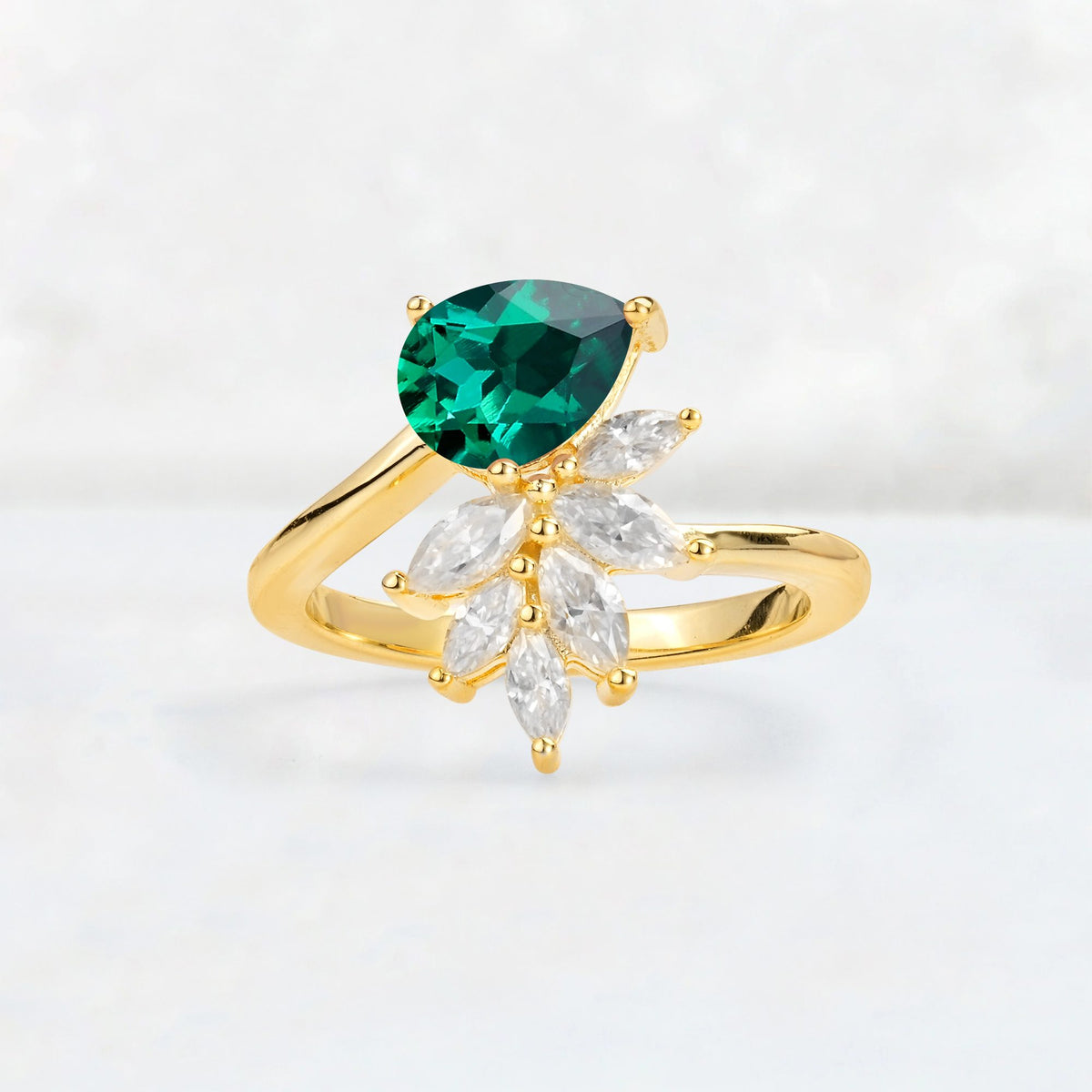 Pear Cut Emerald Marquise Cluster Bypass Engagement Ring - Additional view