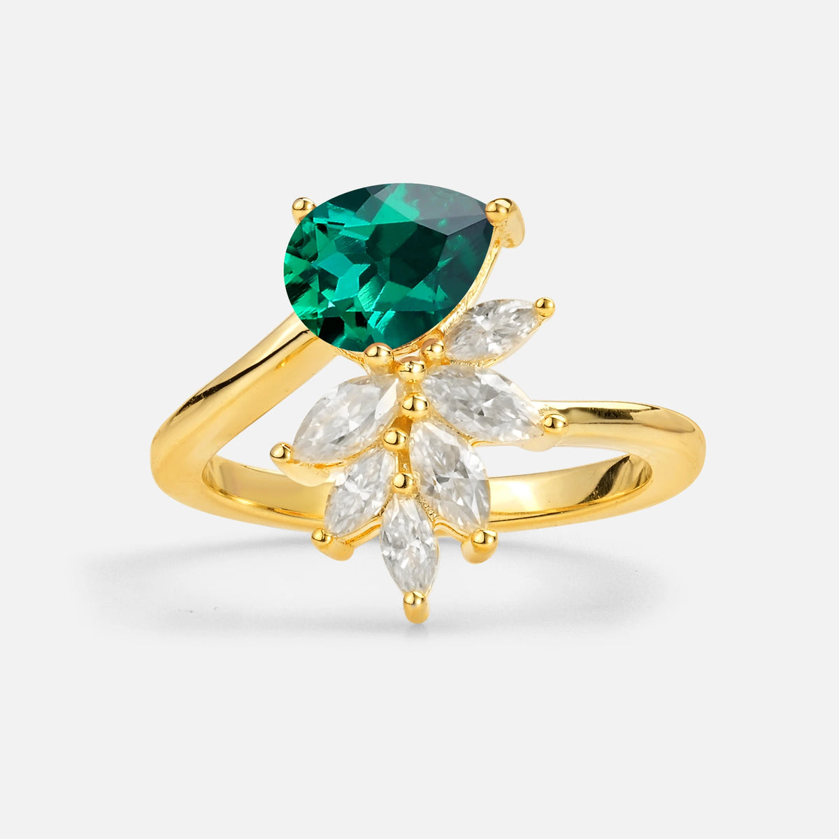 Pear Cut Emerald Marquise Cluster Bypass Engagement Ring - Additional view