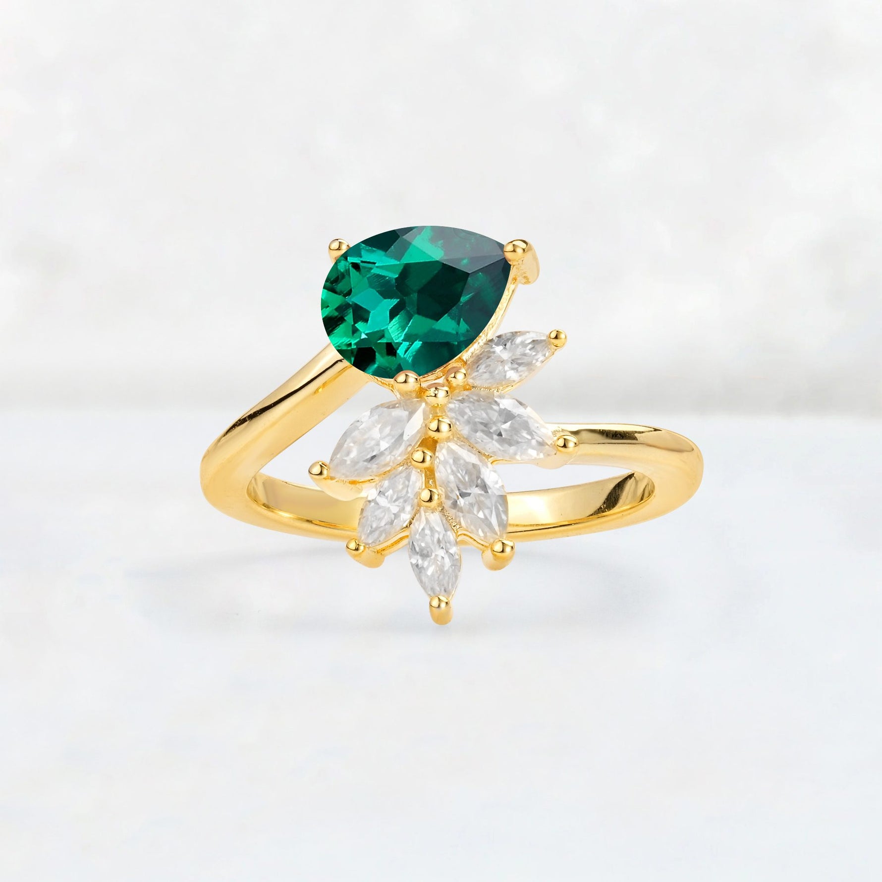 Pear Cut Emerald Marquise Cluster Bypass Engagement Ring - Additional view