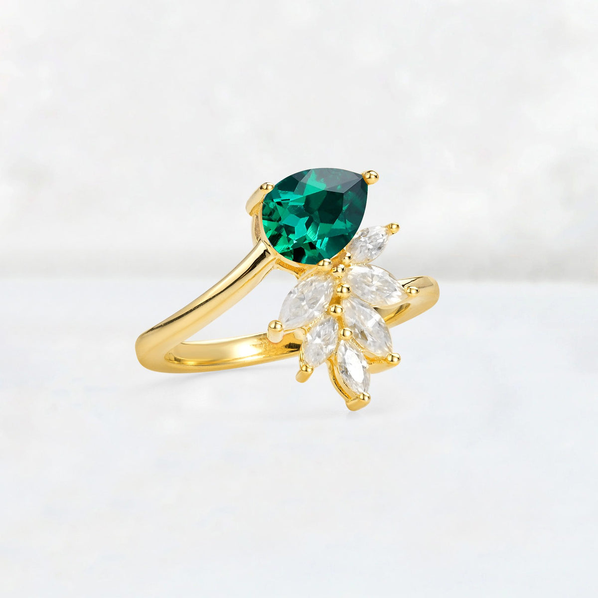 Pear Cut Emerald Marquise Cluster Bypass Engagement Ring - Additional view