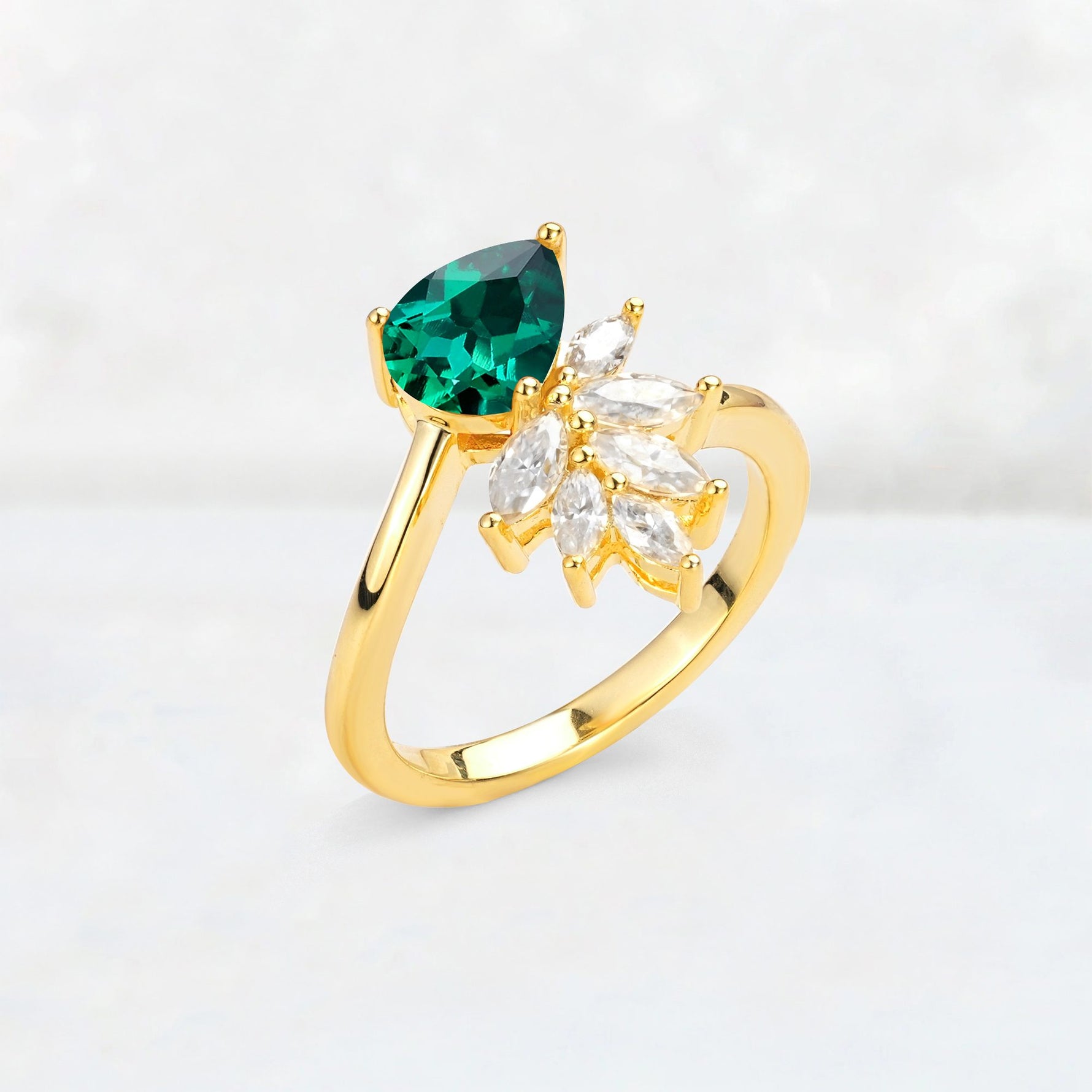 Pear Cut Emerald Marquise Cluster Bypass Engagement Ring - Additional view