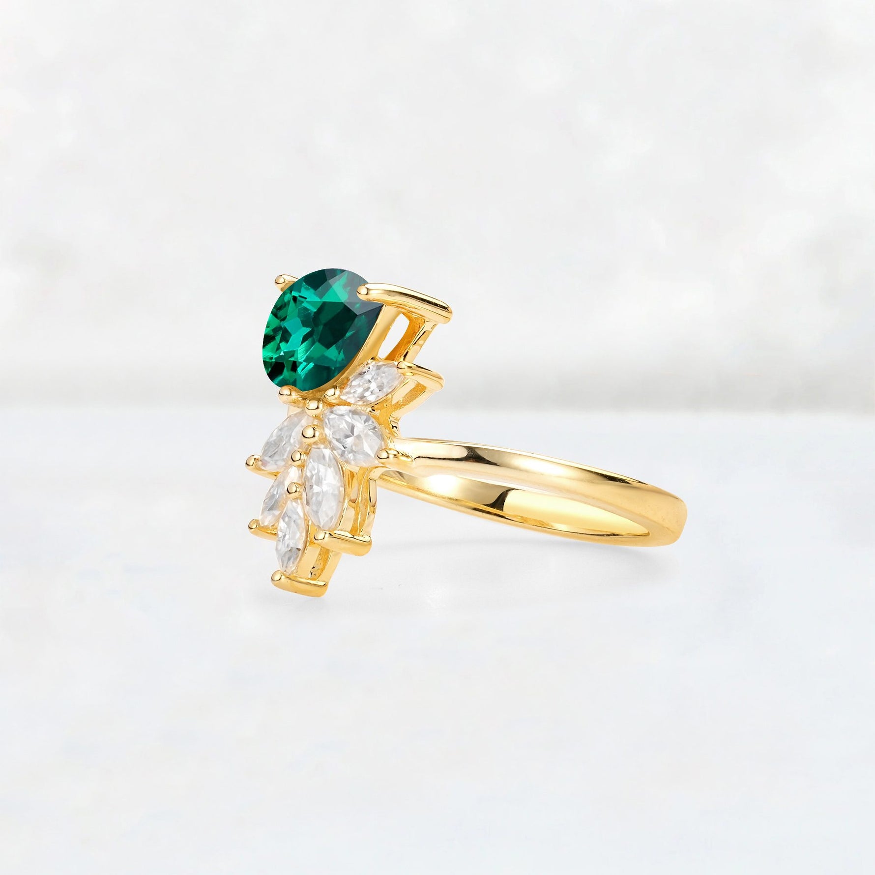Pear Cut Emerald Marquise Cluster Bypass Engagement Ring - Additional view