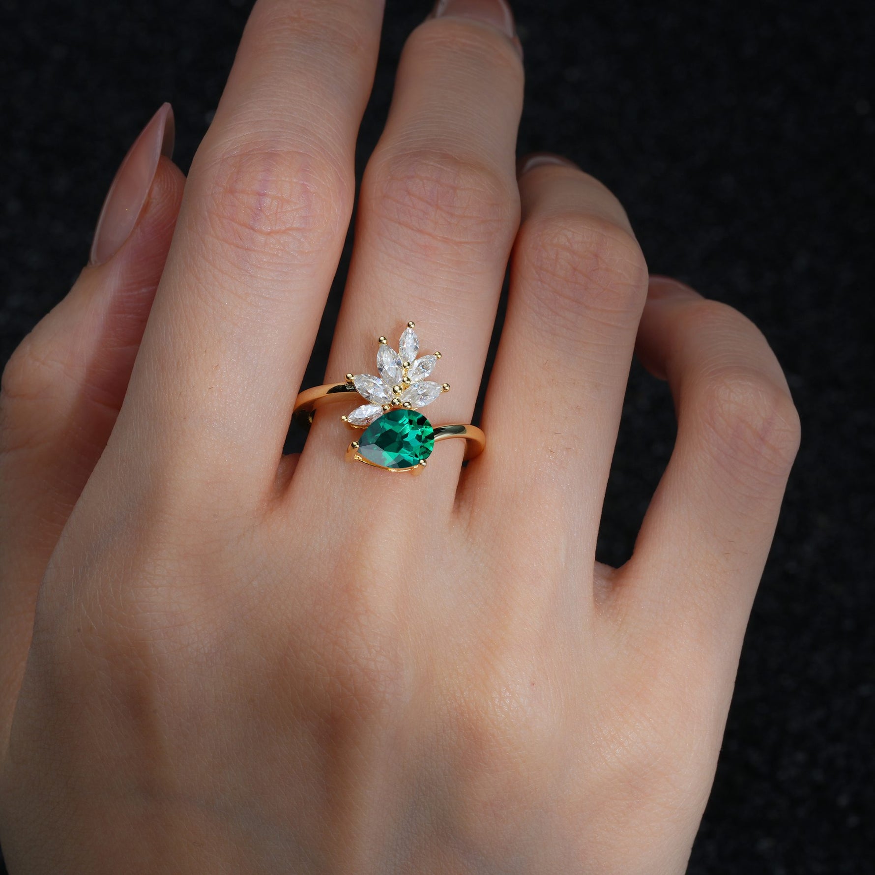 Pear Cut Emerald Marquise Cluster Bypass Engagement Ring - Additional view
