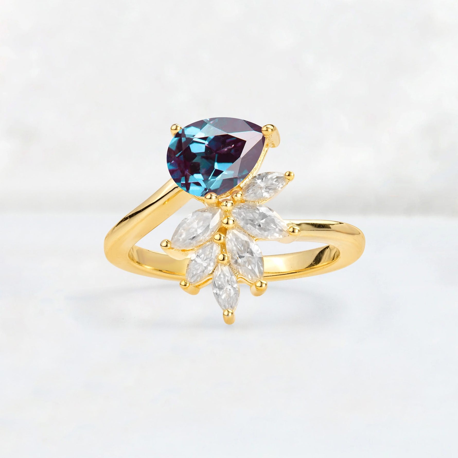 Pear Cut Alexandrite Marquise Cluster Bypass Engagement Ring - Additional view