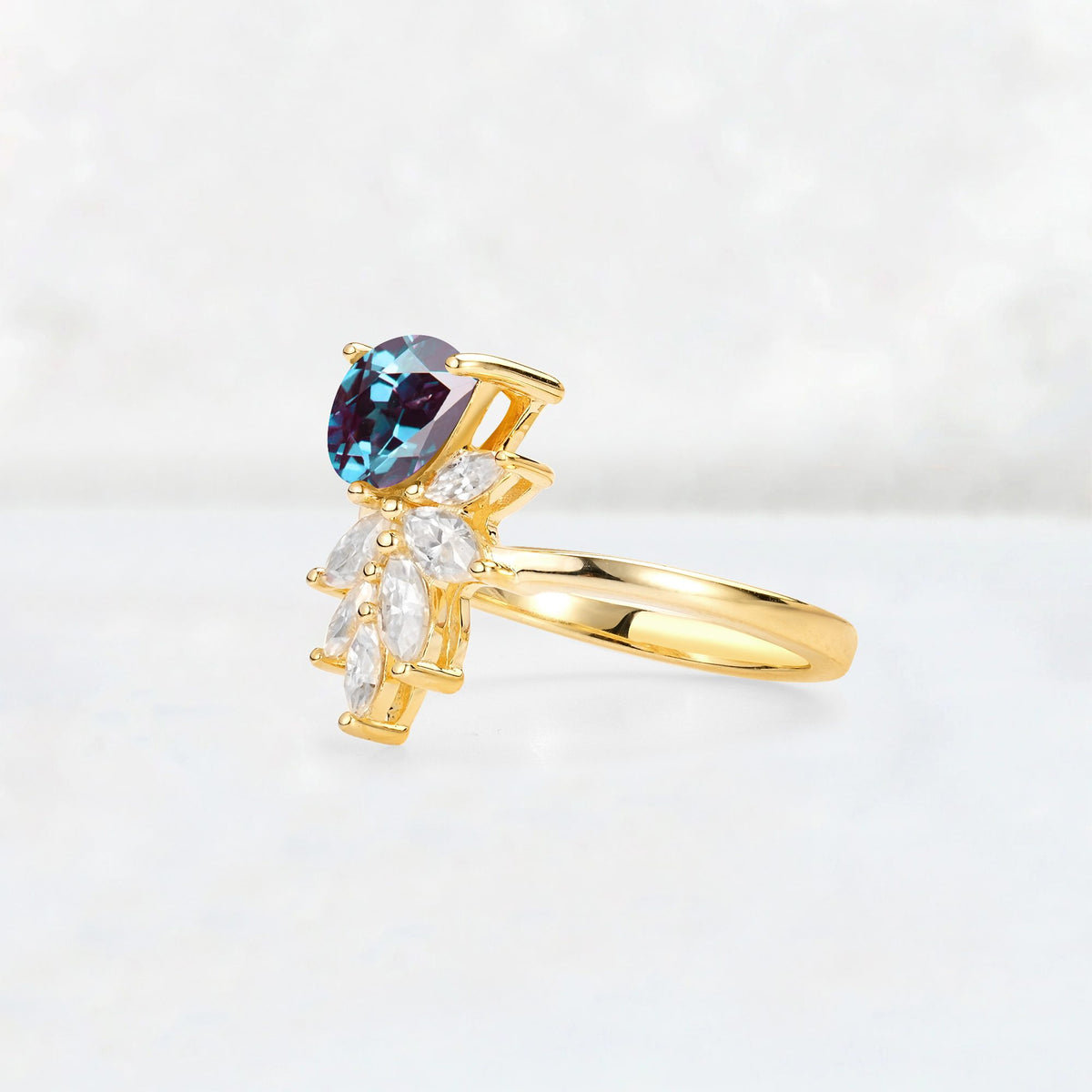 Pear Cut Alexandrite Marquise Cluster Bypass Engagement Ring - Additional view