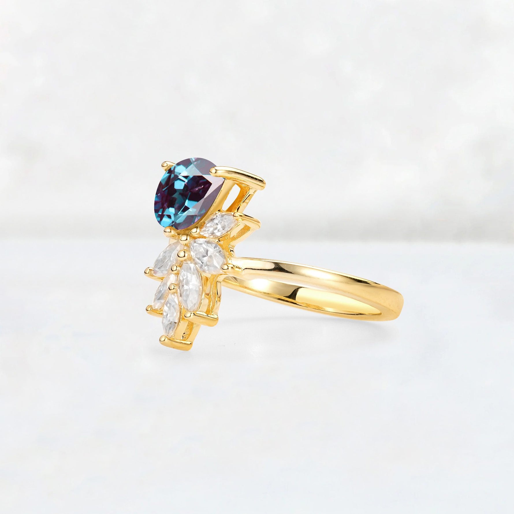 Pear Cut Alexandrite Marquise Cluster Bypass Engagement Ring - Additional view