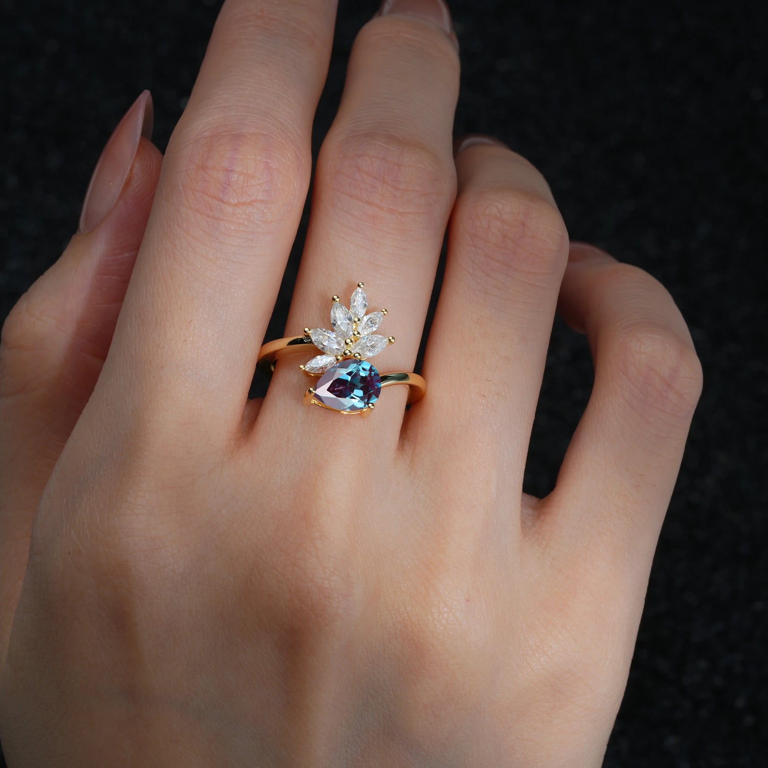 Pear Cut Alexandrite Marquise Cluster Bypass Engagement Ring - Additional view