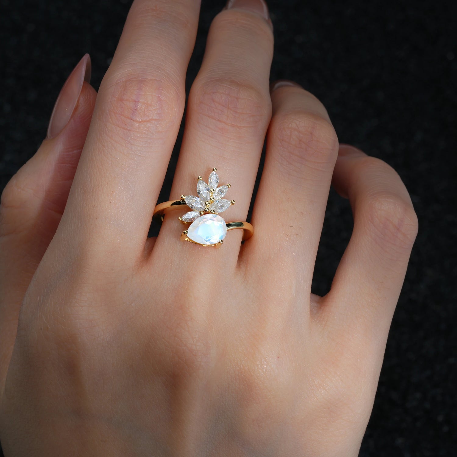 Pear Cut Moonstone Marquise Cluster Bypass Engagement Ring - Additional view