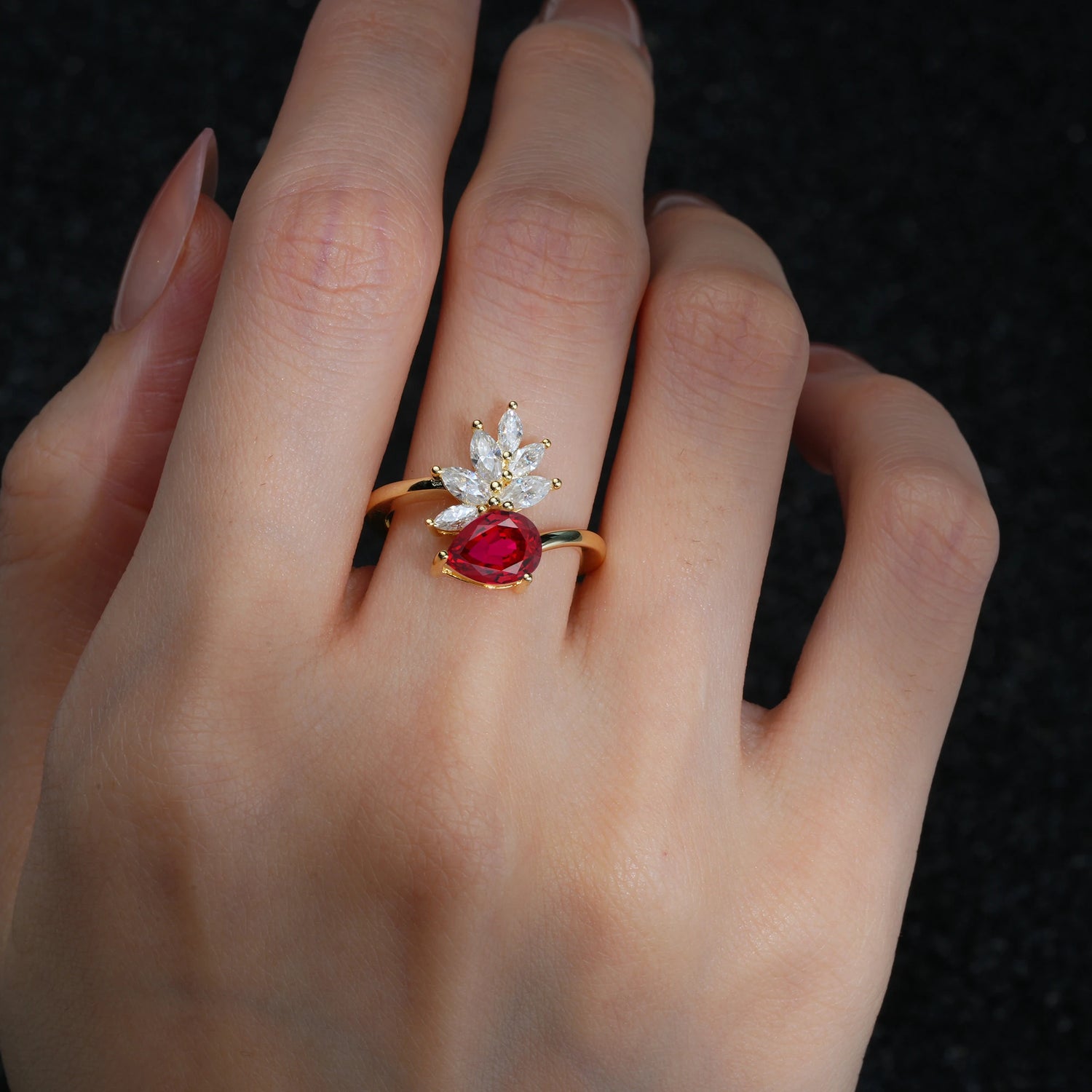 Pear Cut Ruby Marquise Cluster Bypass Engagement Ring - Additional view