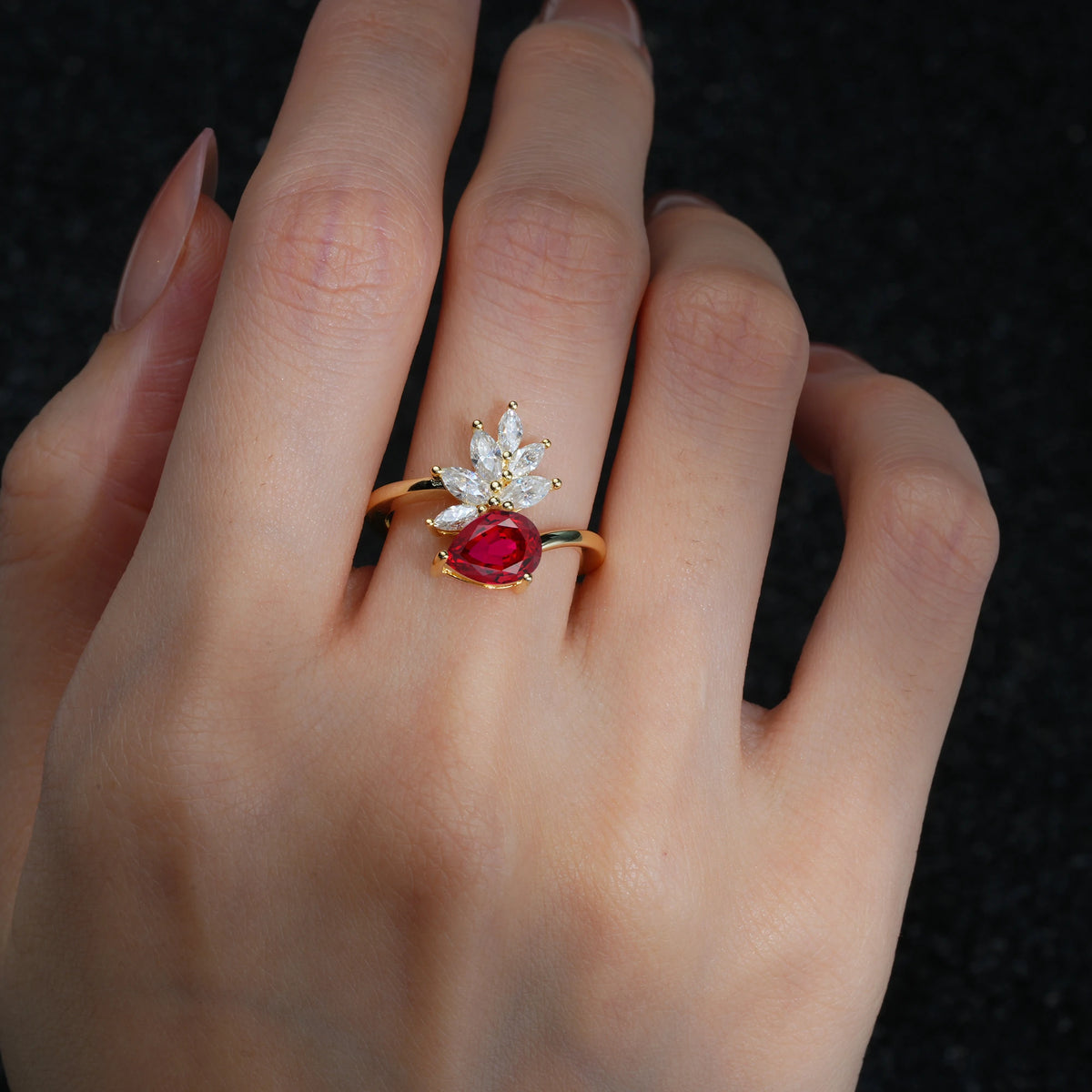 Pear Cut Ruby Marquise Cluster Bypass Engagement Ring - Additional view