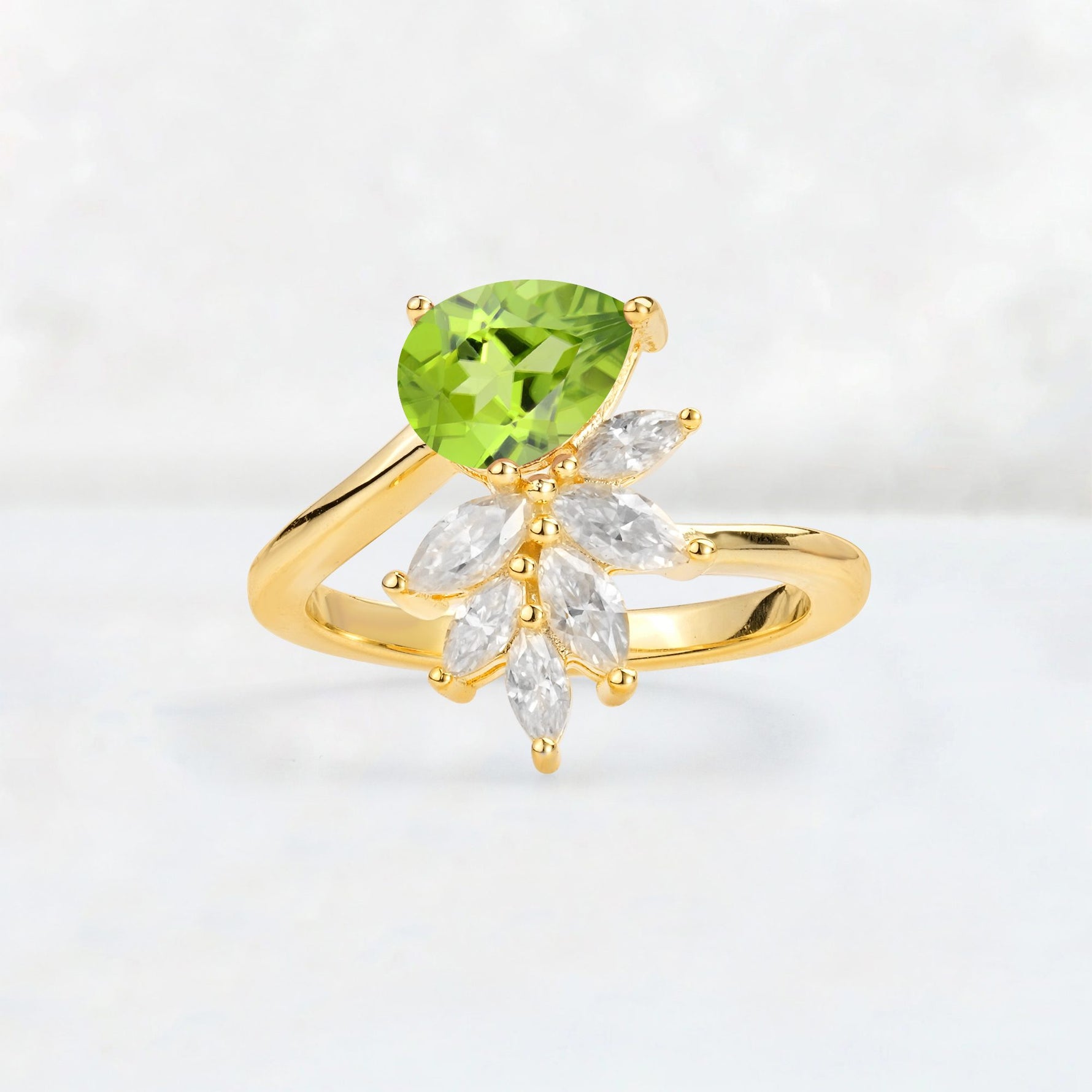 Pear Cut Peridot Marquise Cluster Bypass Engagement Ring - Additional view