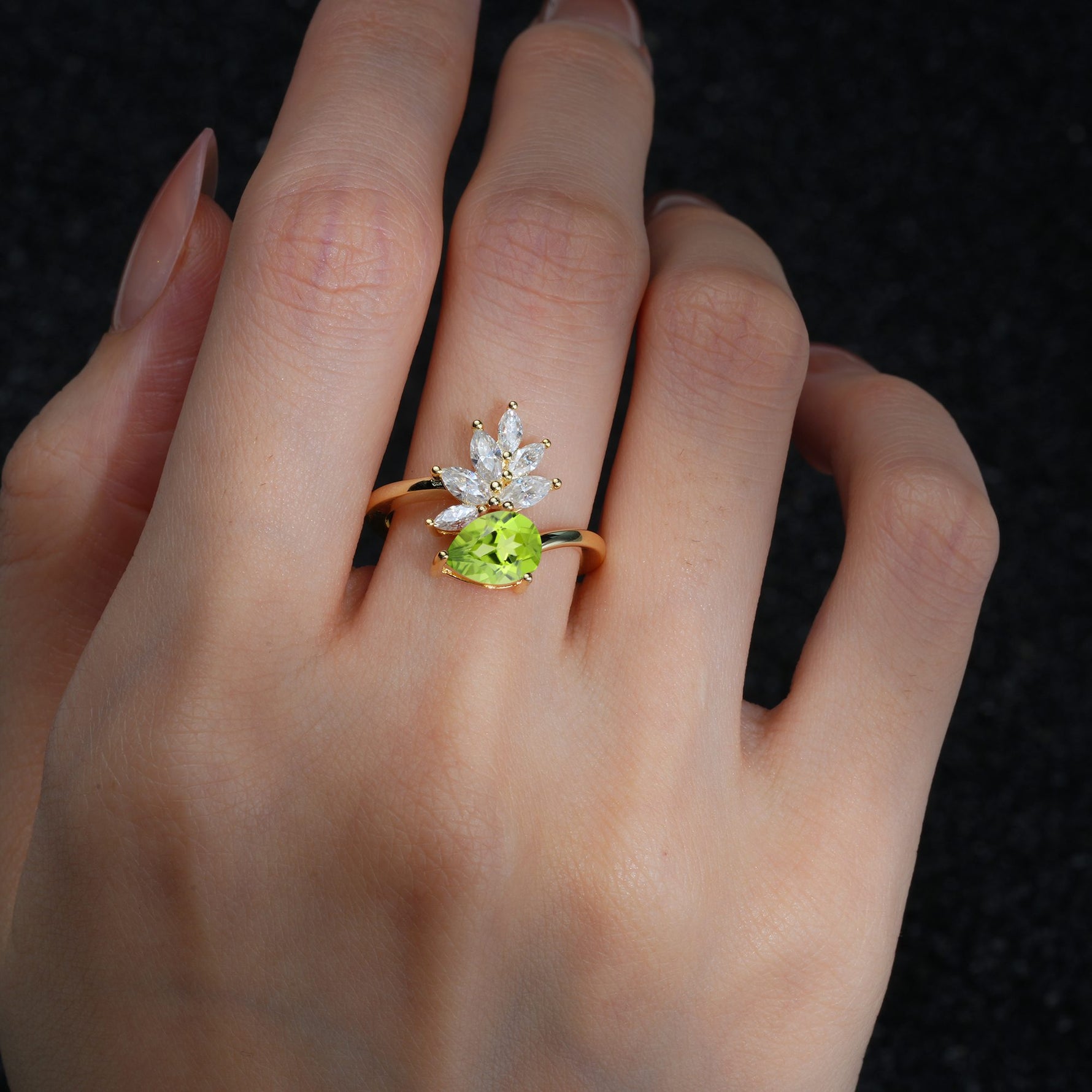 Pear Cut Peridot Marquise Cluster Bypass Engagement Ring - Additional view
