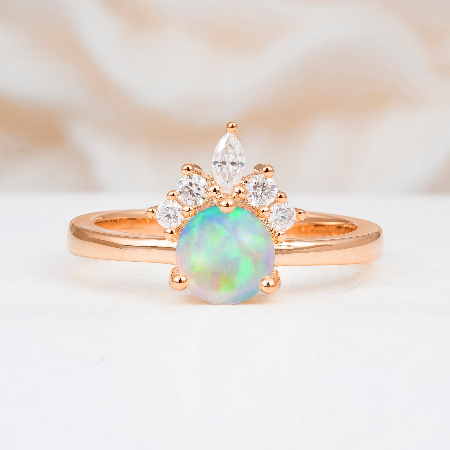 Vintage Crown Side Stone Opal Engagement Ring