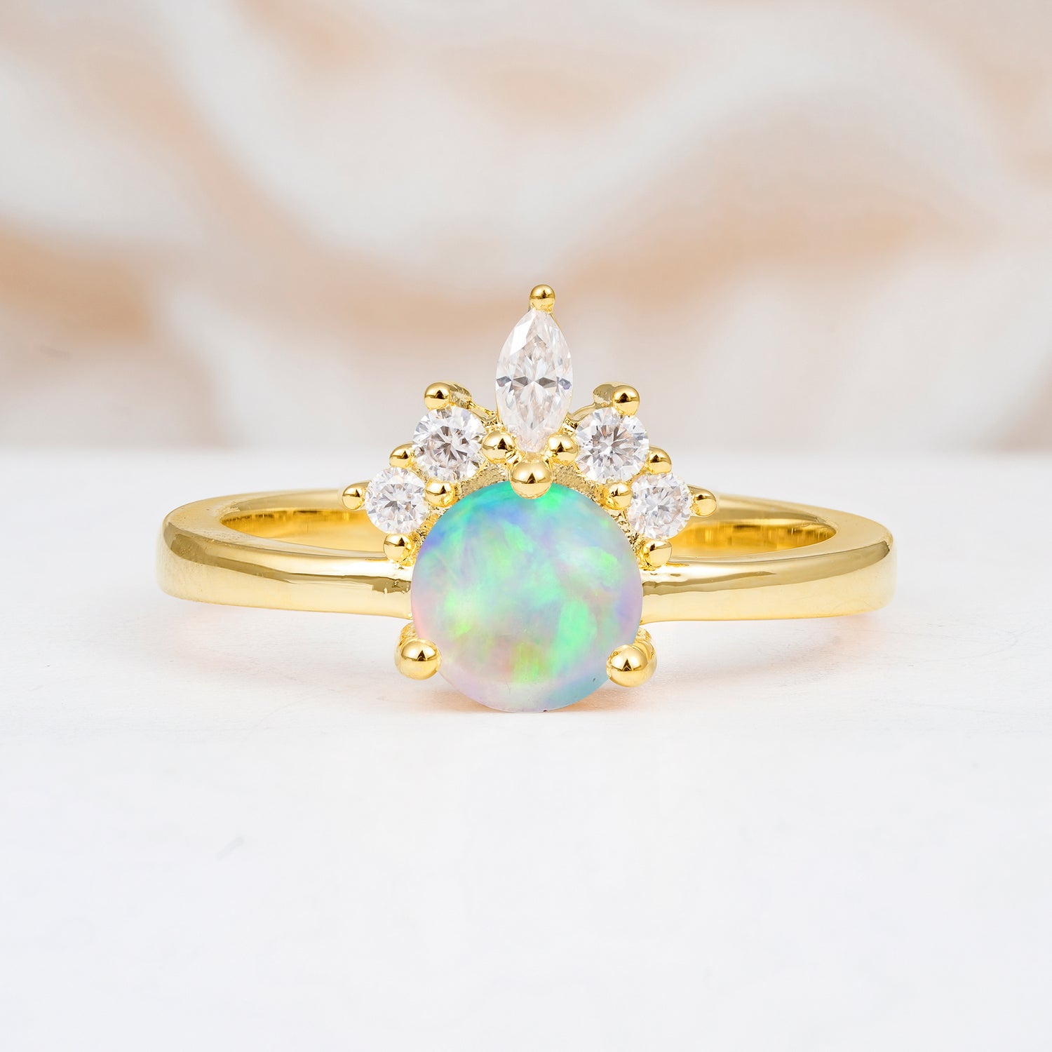 Vintage Crown Side Stone Fire Opal Engagement Ring