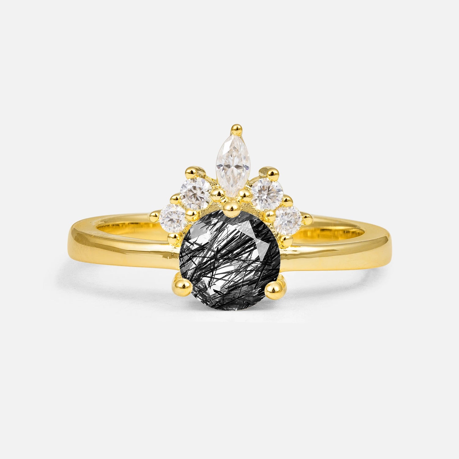 Vintage Crown Side Stone Black Rutilated Quartz Engagement Ring