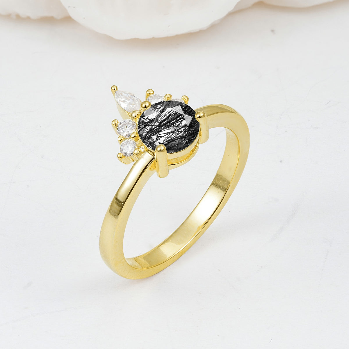 SR07460 Black Rutilated Quartz Ring - White-Gold