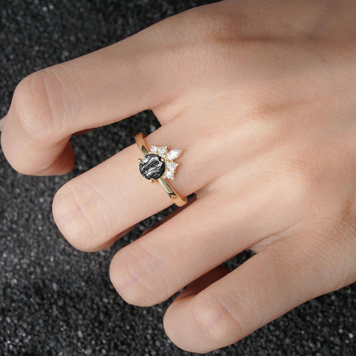 SR07460 Black Rutilated Quartz Ring - Rose-Gold