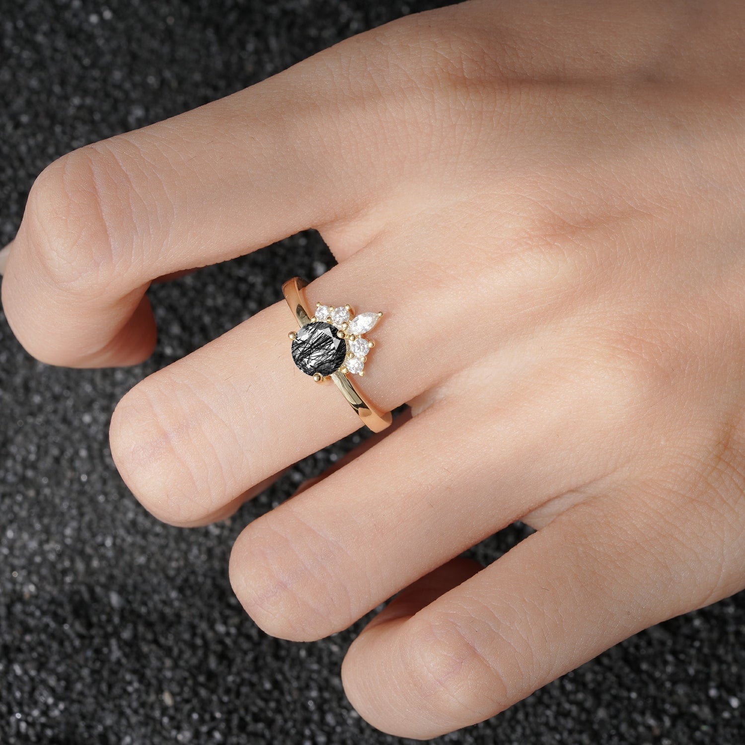 SR07460 Black Rutilated Quartz Ring - Rose-Gold