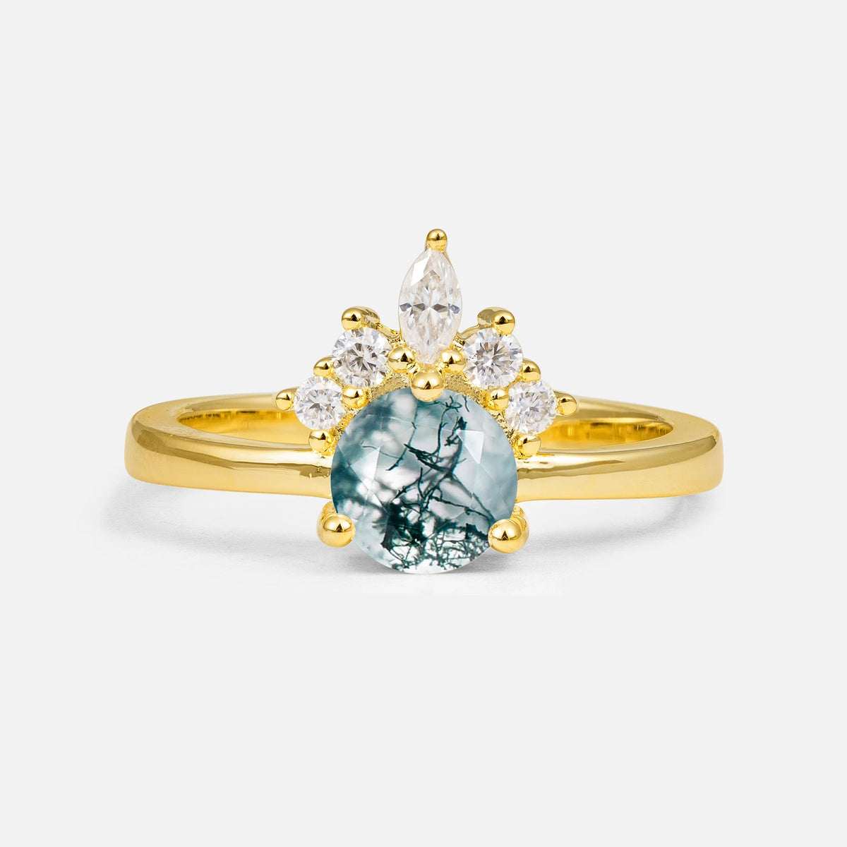 Vintage Crown Side Stone Moss Agate Engagement Ring