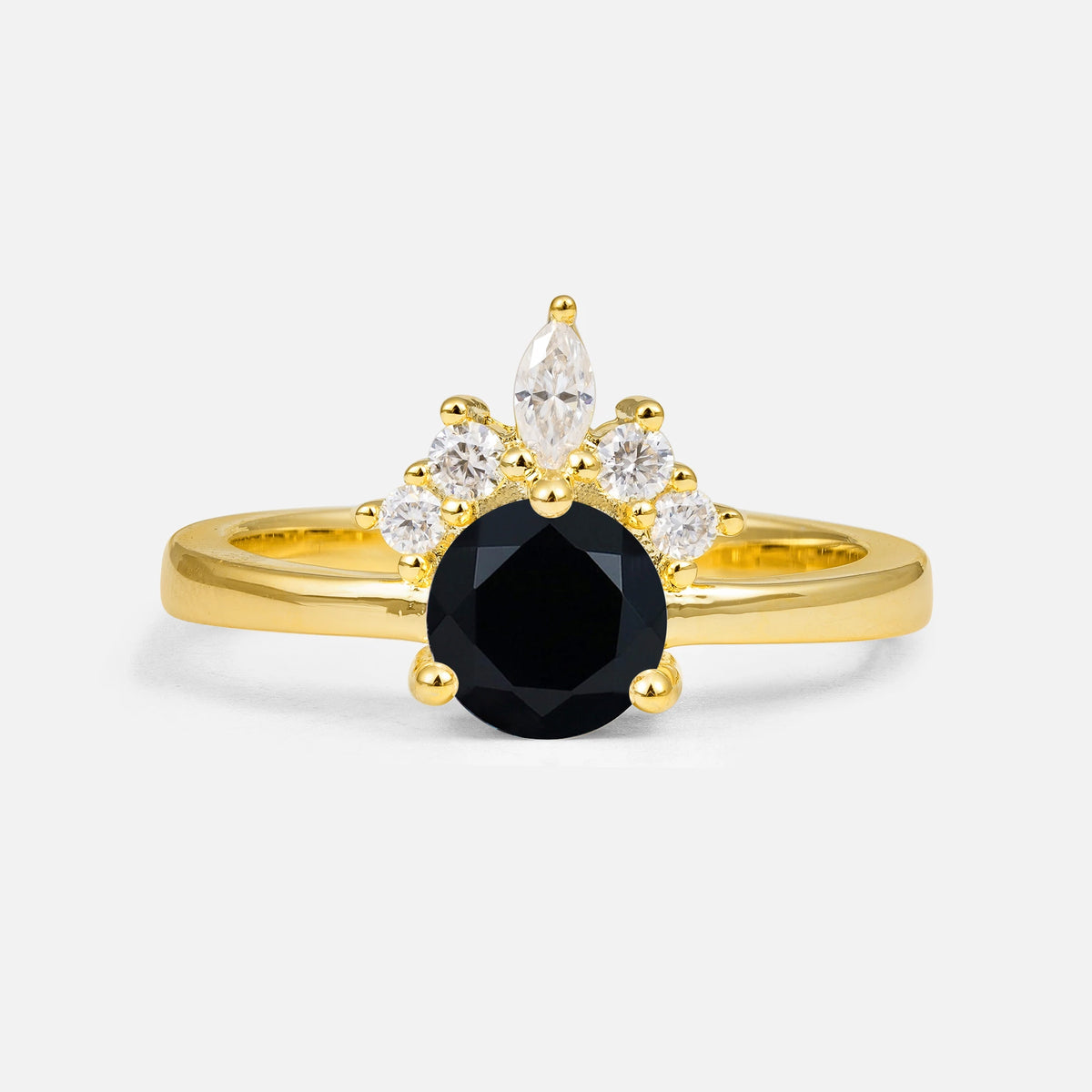 Vintage Crown Side Stone Black Onyx Engagement Ring