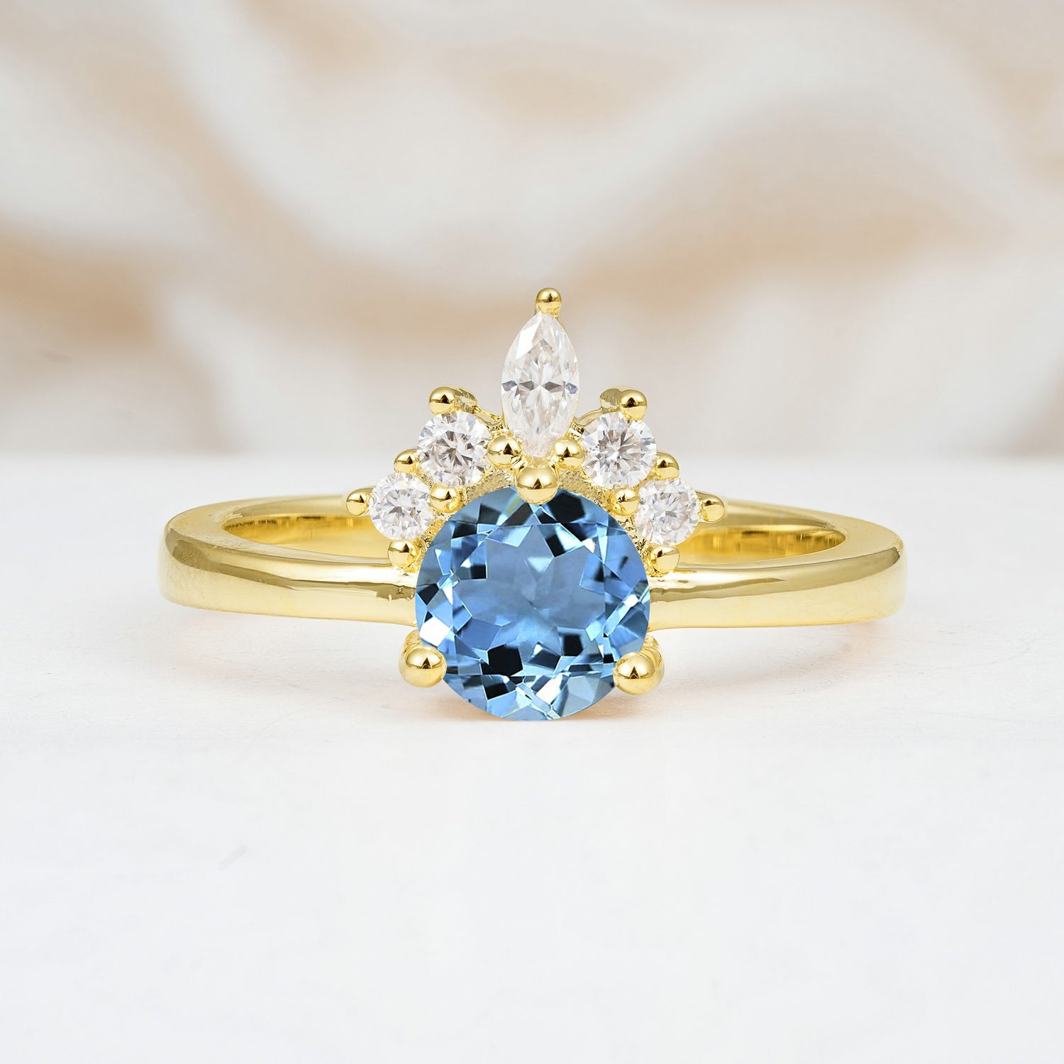 Vintage Crown Side Stone Aquamarine Engagement Ring