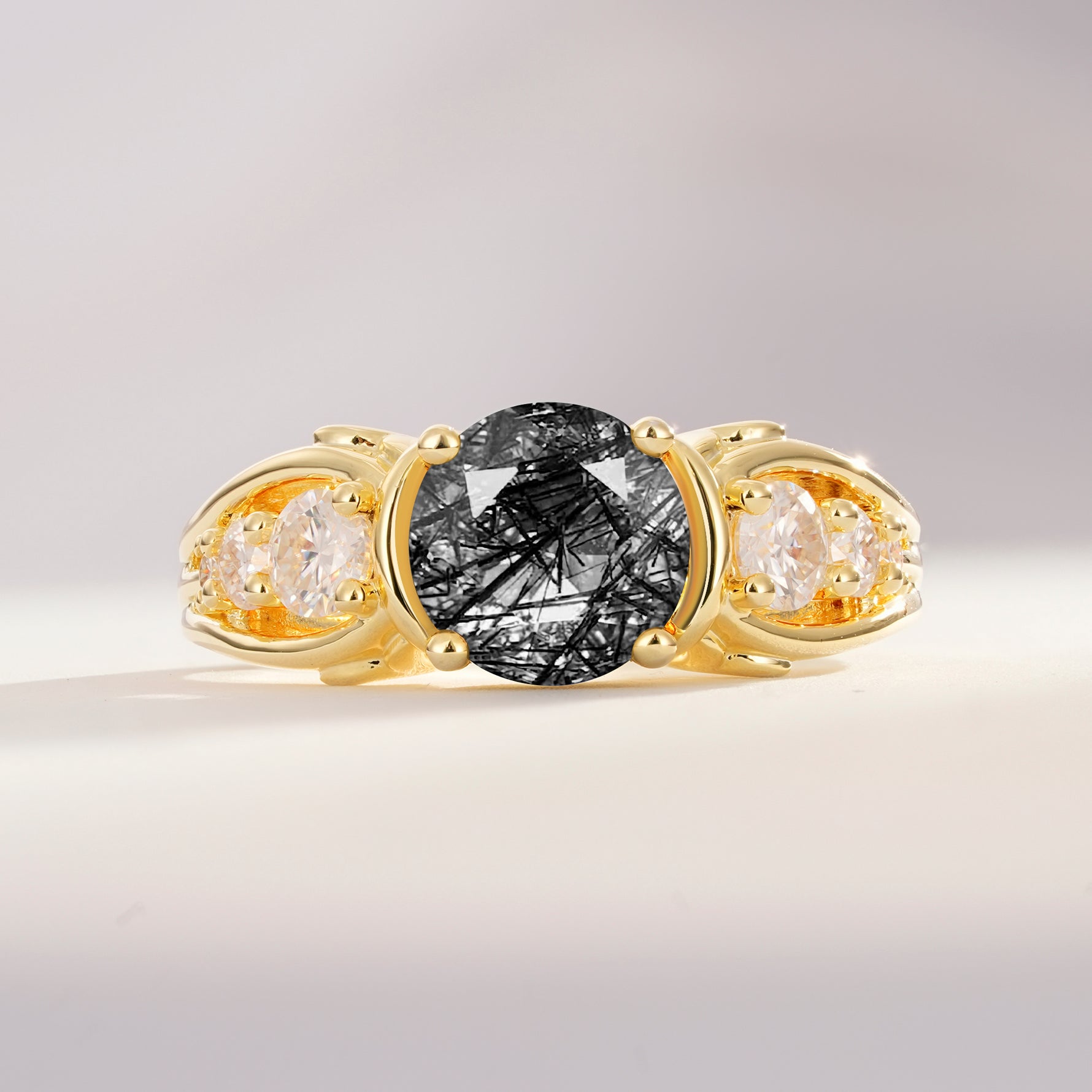 SR08639 Black Rutilated Quartz Ring - Yellow-Gold
