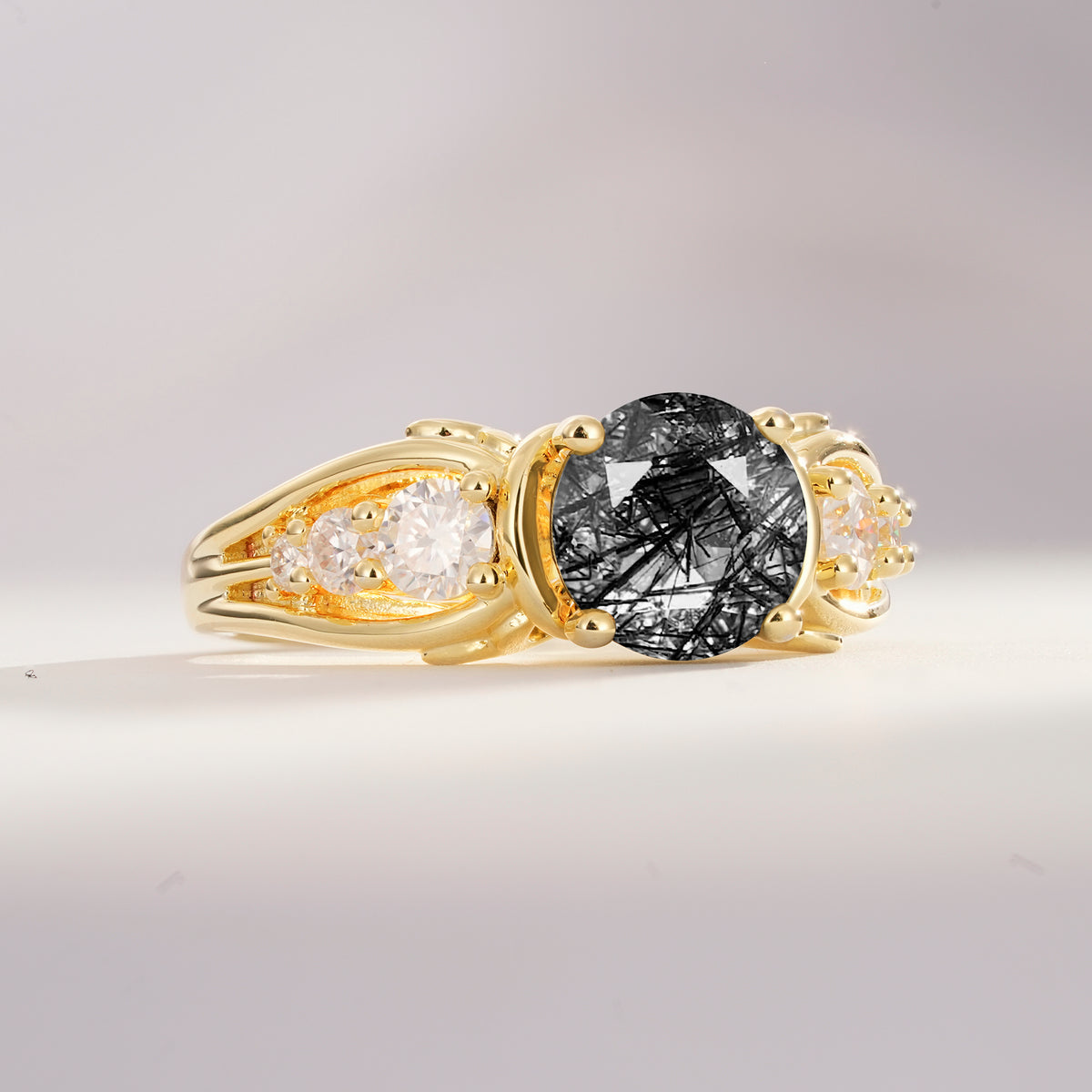SR08639 Black Rutilated Quartz Ring - White-Gold