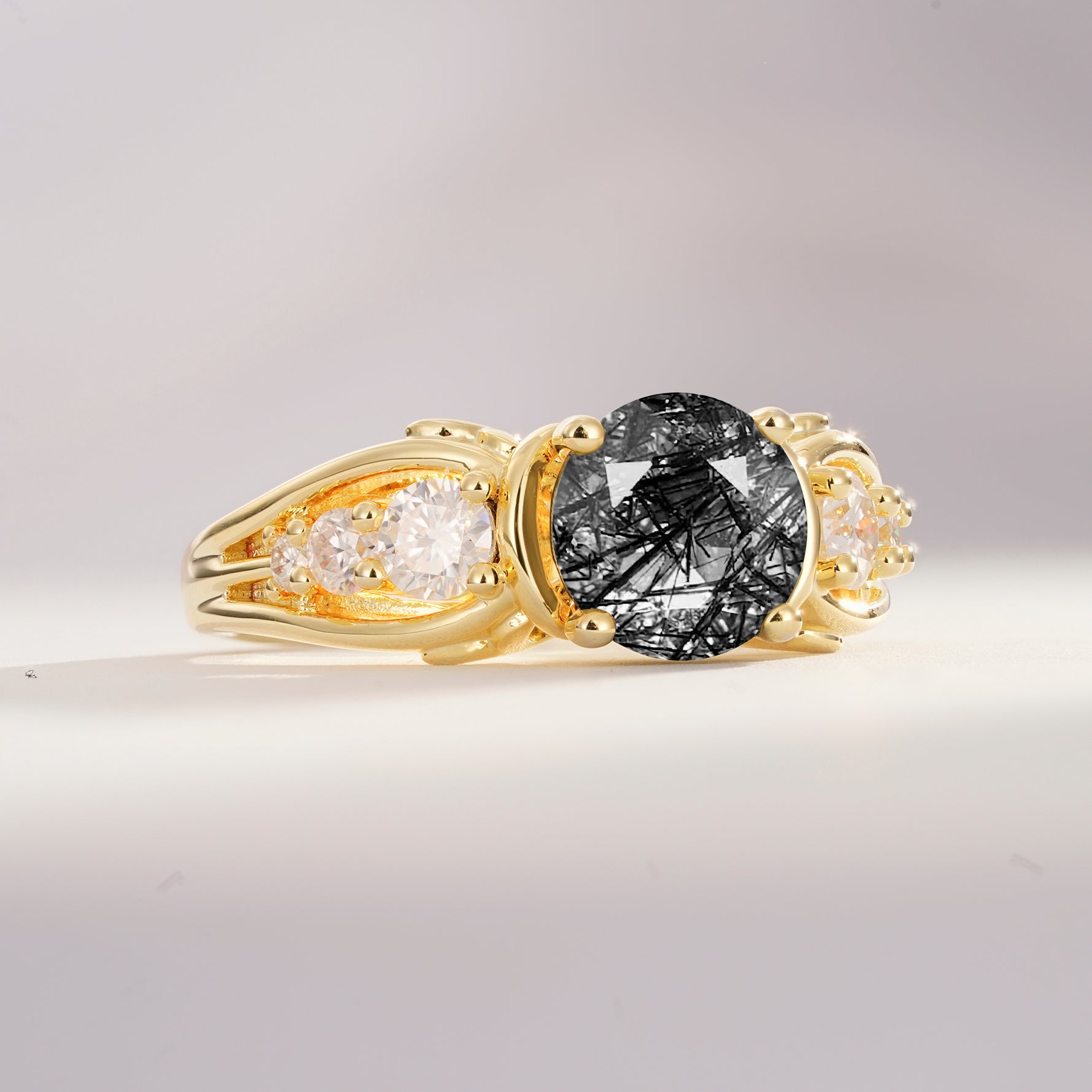 SR08639 Black Rutilated Quartz Ring - White-Gold