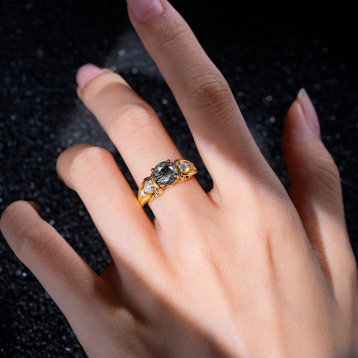 SR08639 Black Rutilated Quartz Ring - Rose-Gold