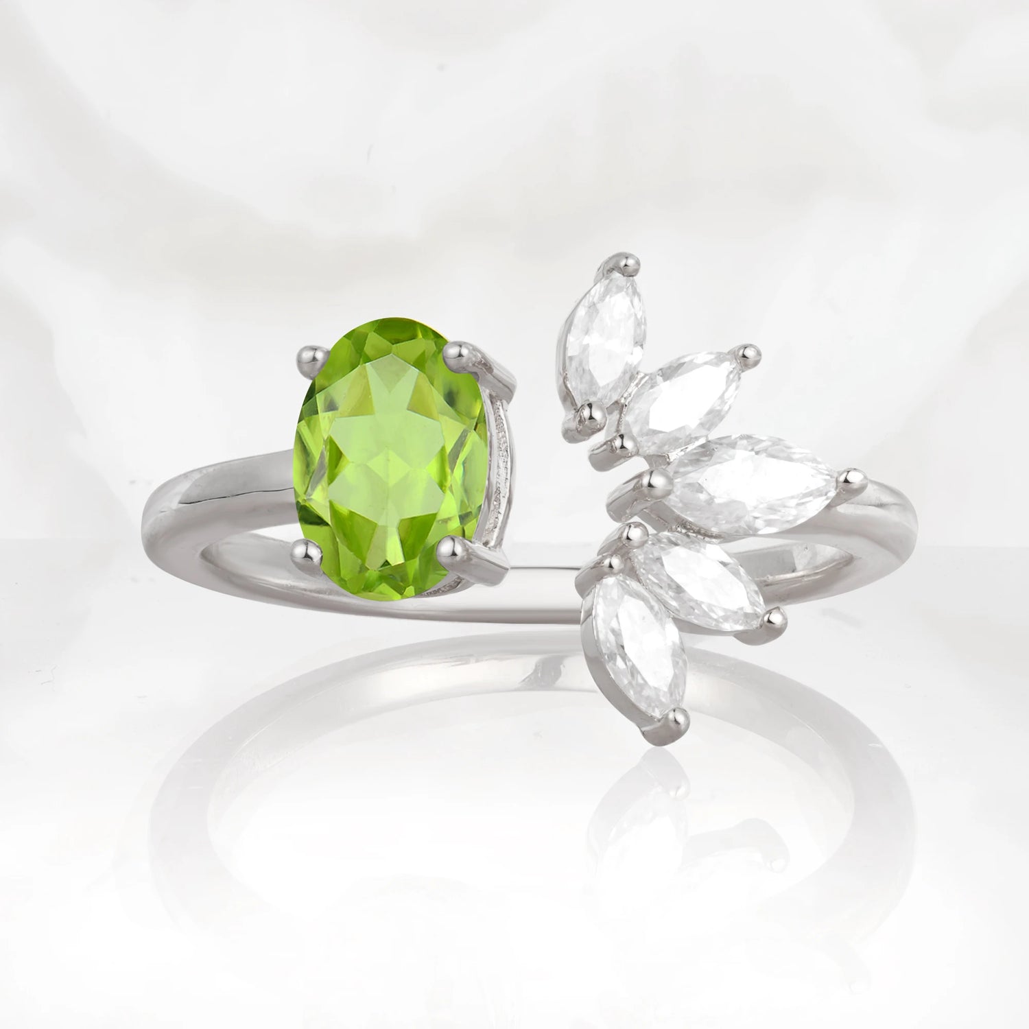 Unique Oval Peridot Engagement Ring with Marquise Side Stones
