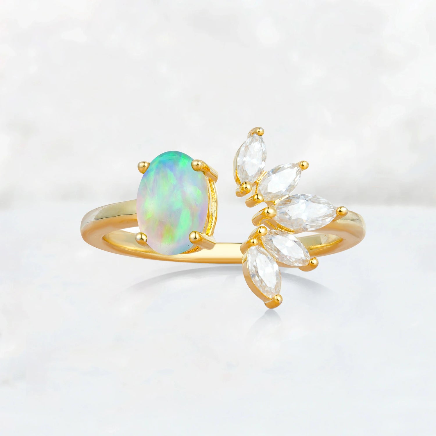 Unique Oval Fire Opal Engagement Ring with Marquise Side Stones