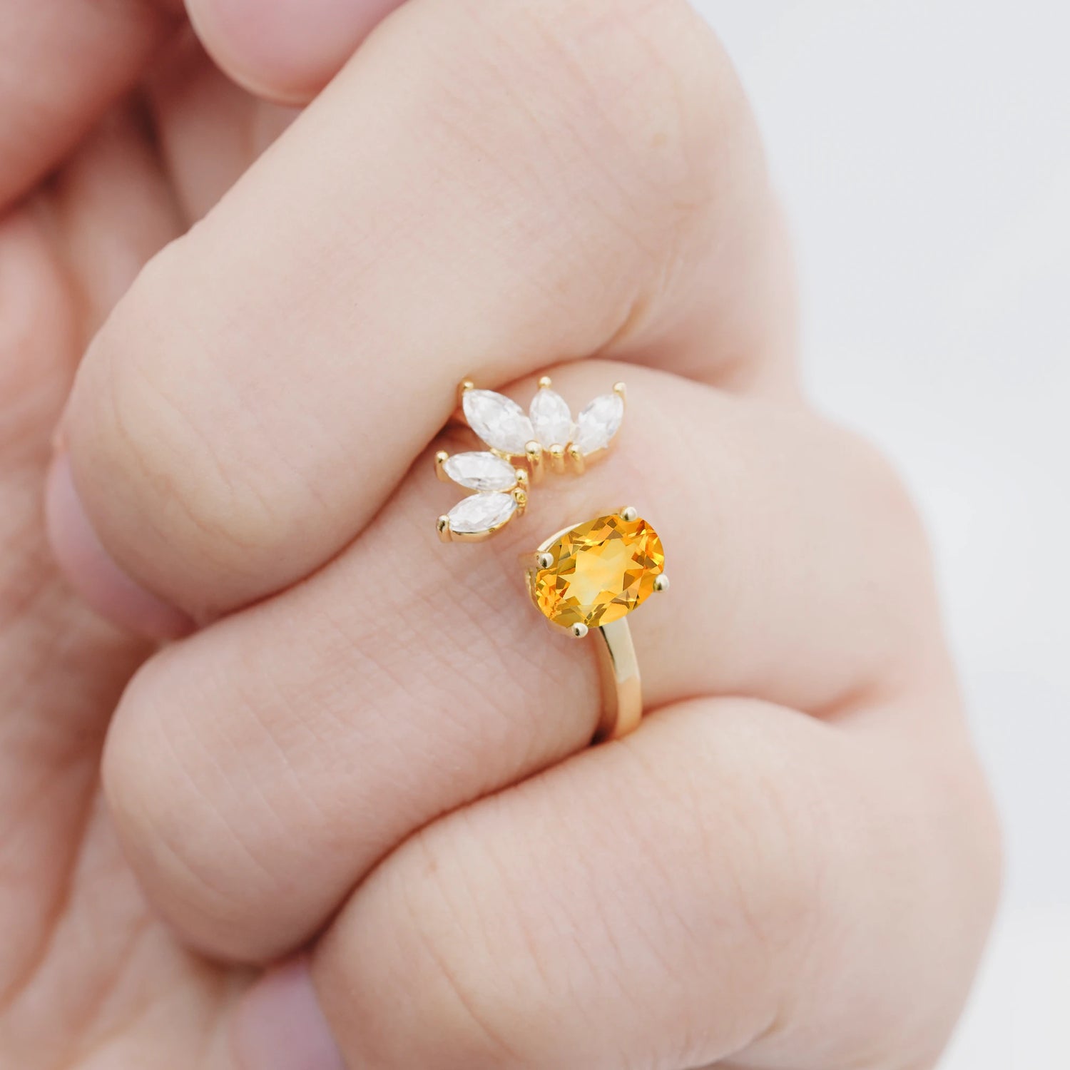 Unique Oval Citrine Engagement Ring with Marquise Side Stones