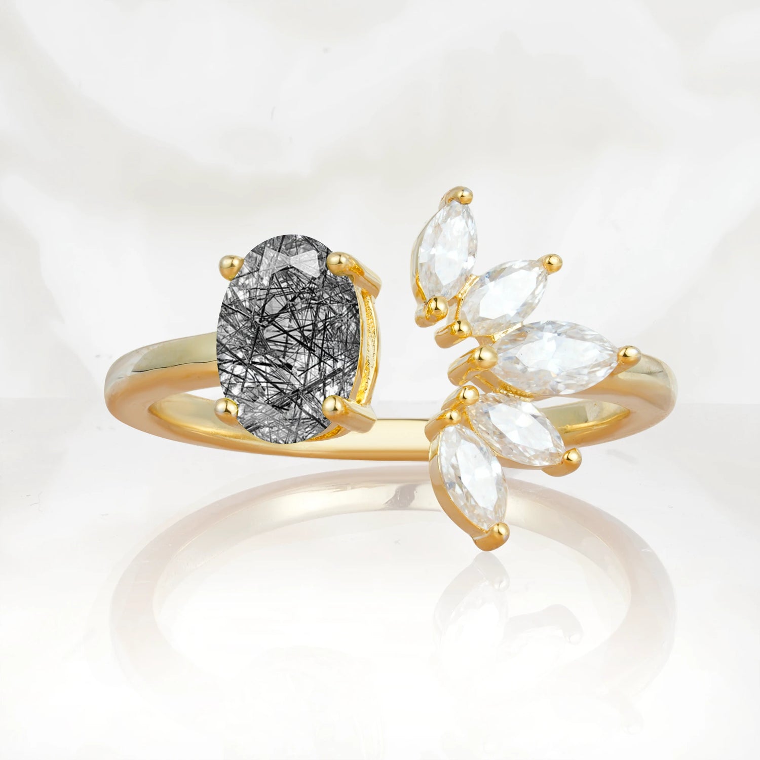 Unique Oval Black Rutilated Quartz Engagement Ring with Marquise Side Stones