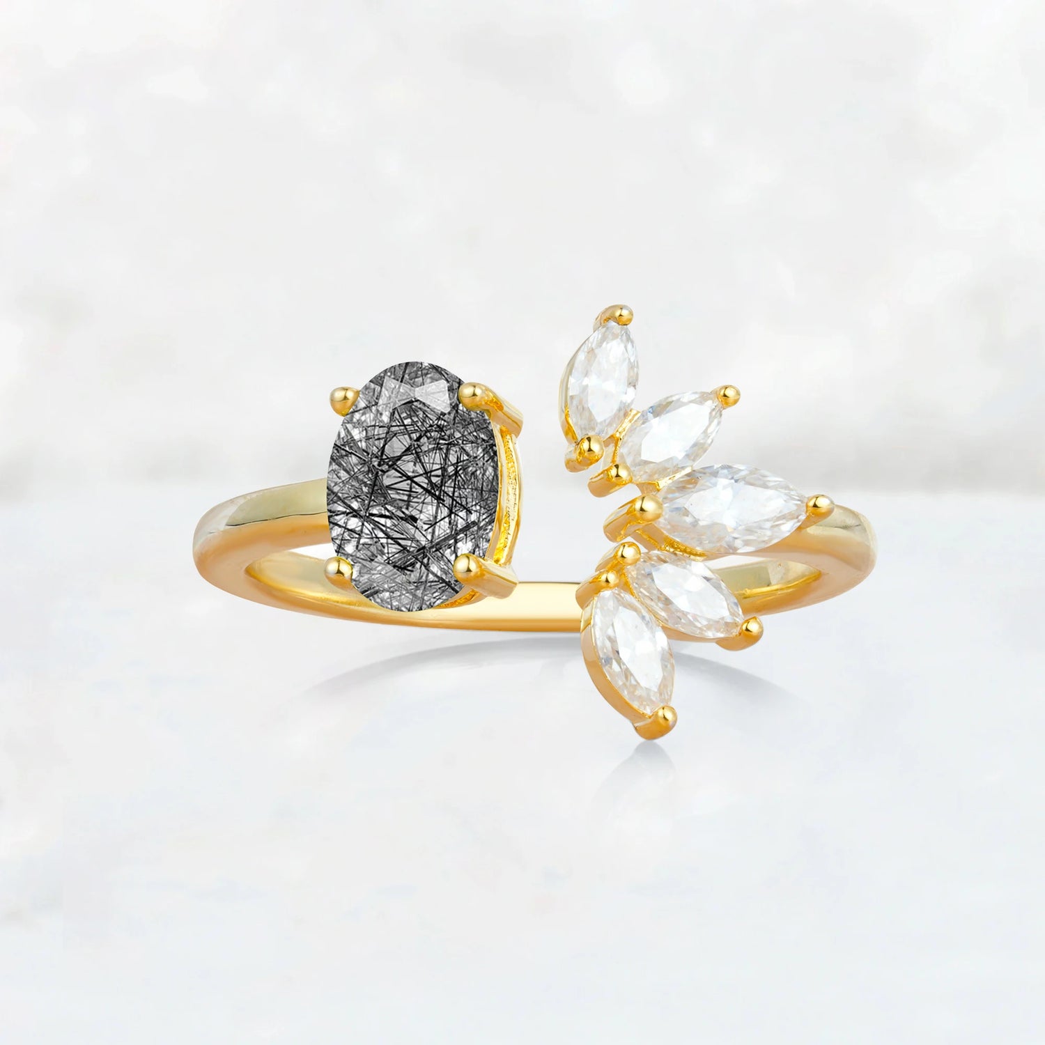 Unique Oval Black Rutilated Quartz Engagement Ring with Marquise Side Stones