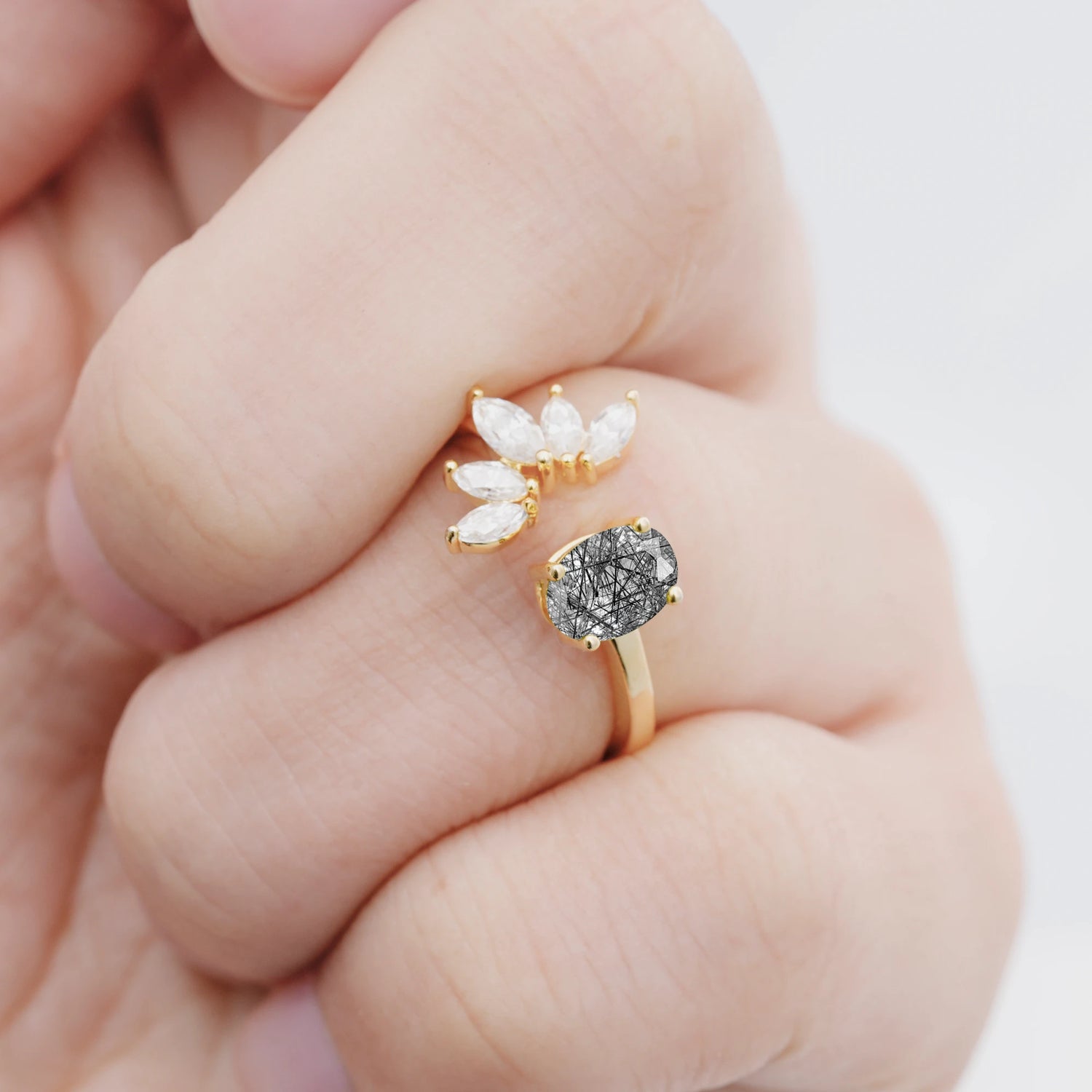 Unique Oval Black Rutilated Quartz Engagement Ring with Marquise Side Stones