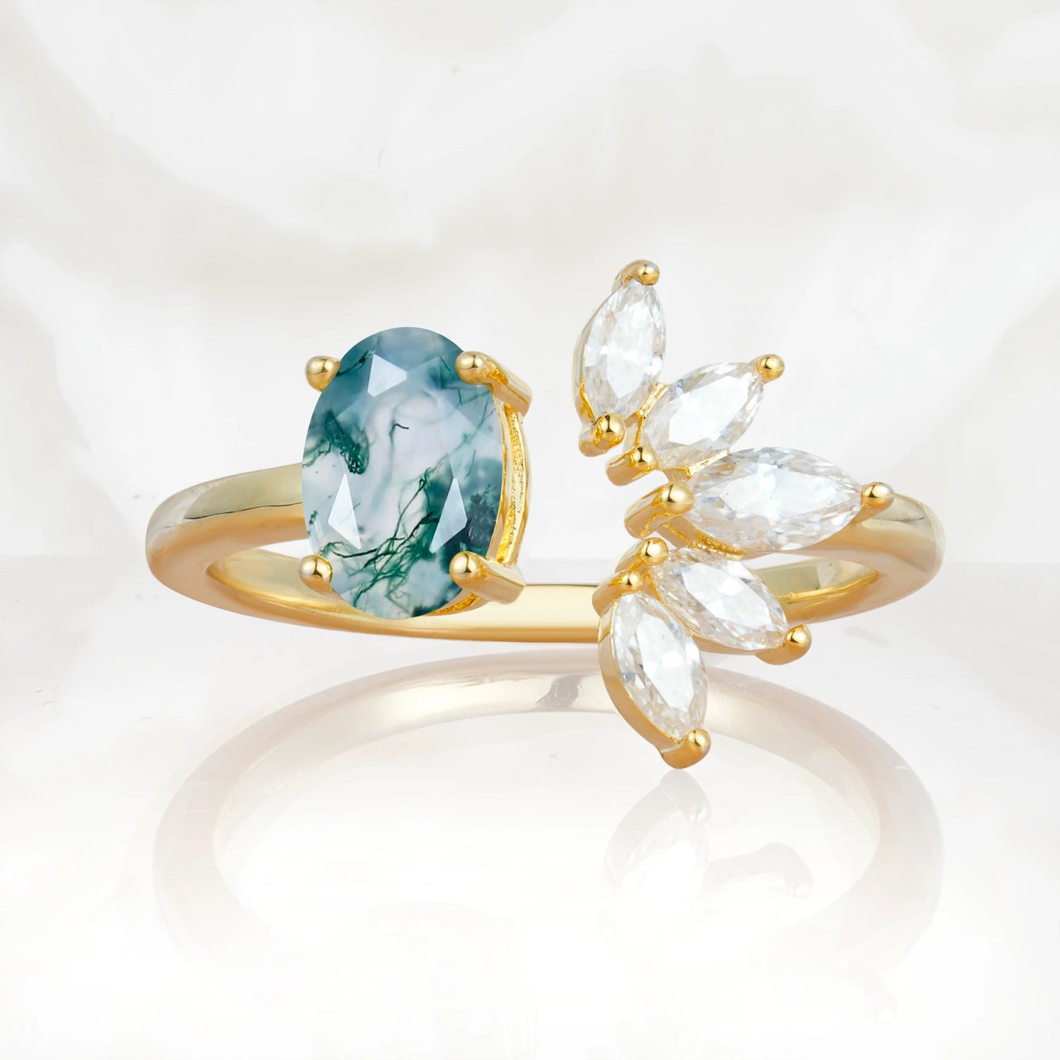 Unique Oval Moss Agate  Engagement Ring with Marquise Side Stones