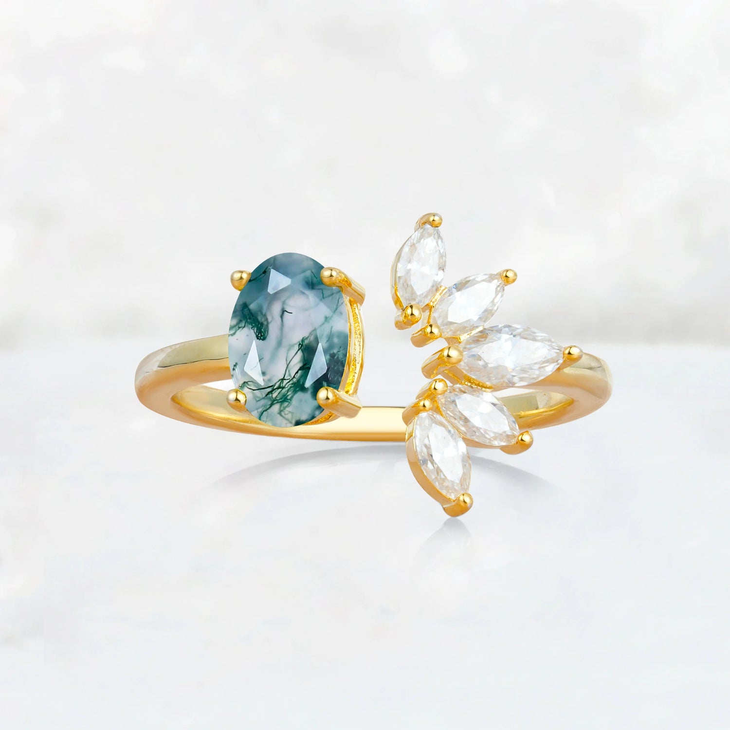 Unique Oval Moss Agate  Engagement Ring with Marquise Side Stones