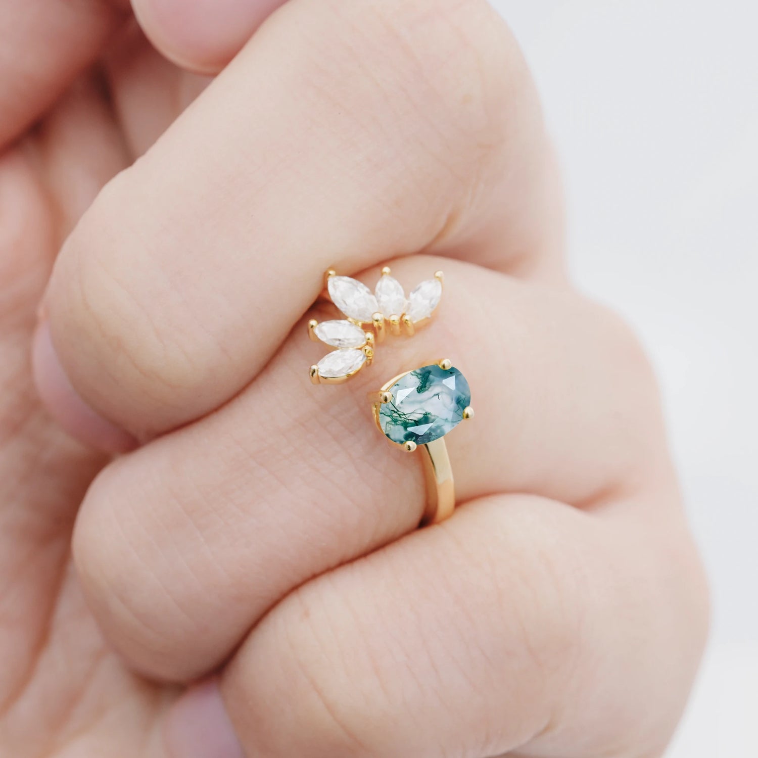 Unique Oval Moss Agate  Engagement Ring with Marquise Side Stones