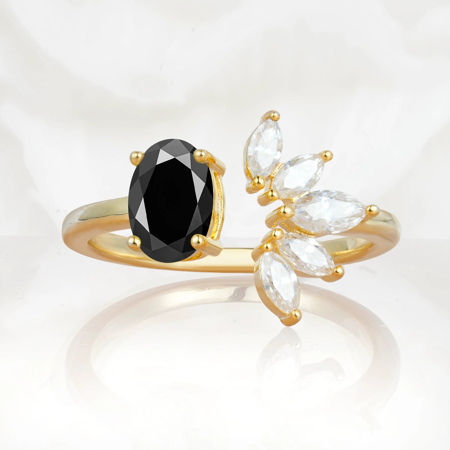 Unique Oval Black Onyx  Engagement Ring with Marquise Side Stones