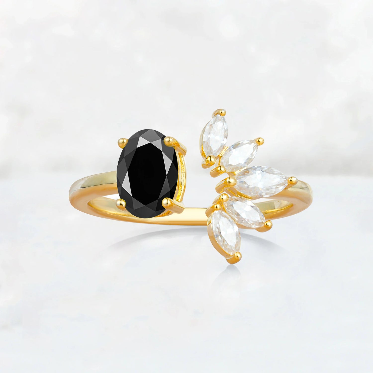 Unique Oval Black Onyx  Engagement Ring with Marquise Side Stones