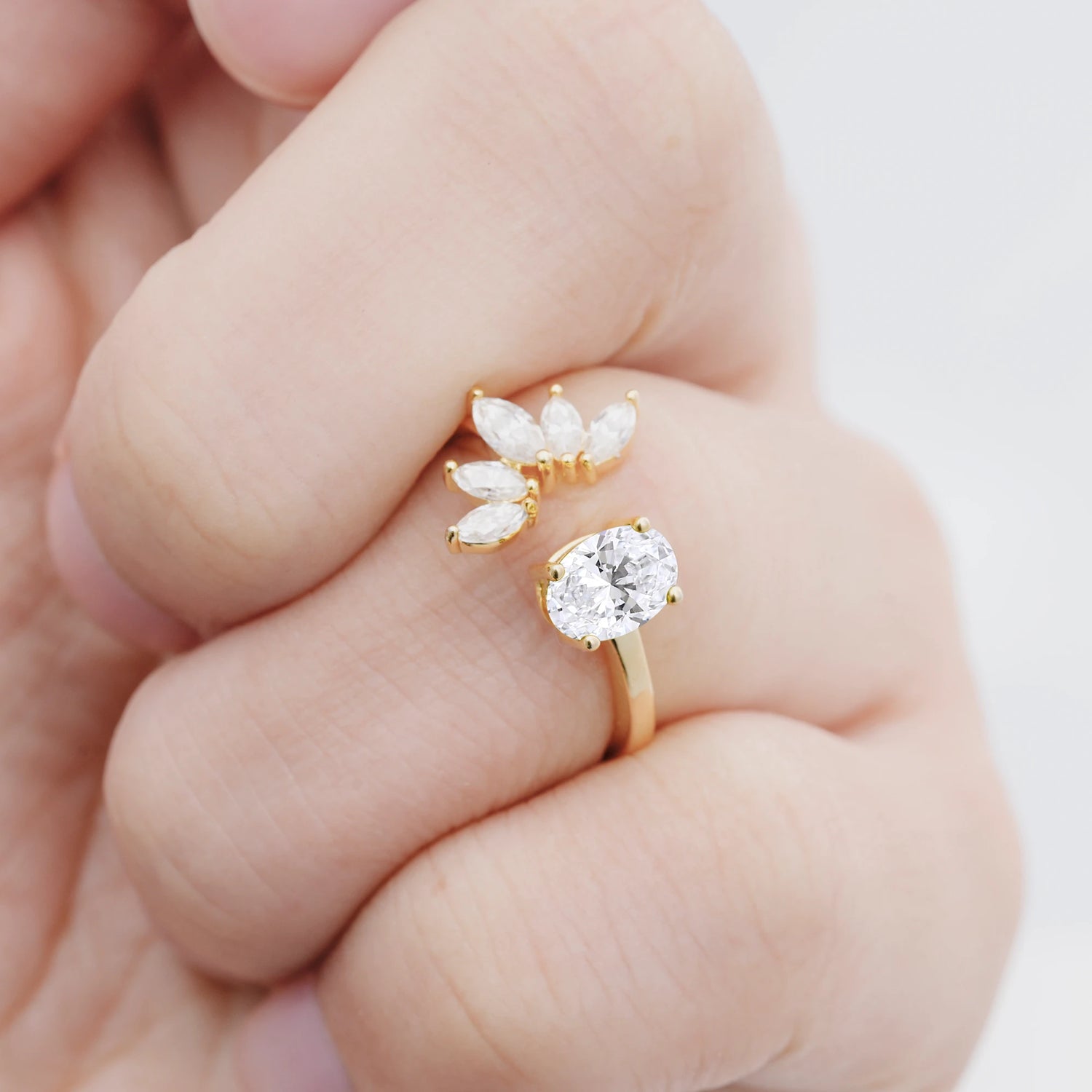 Unique Oval Lab Diamond Engagement Ring with Marquise Side Stones