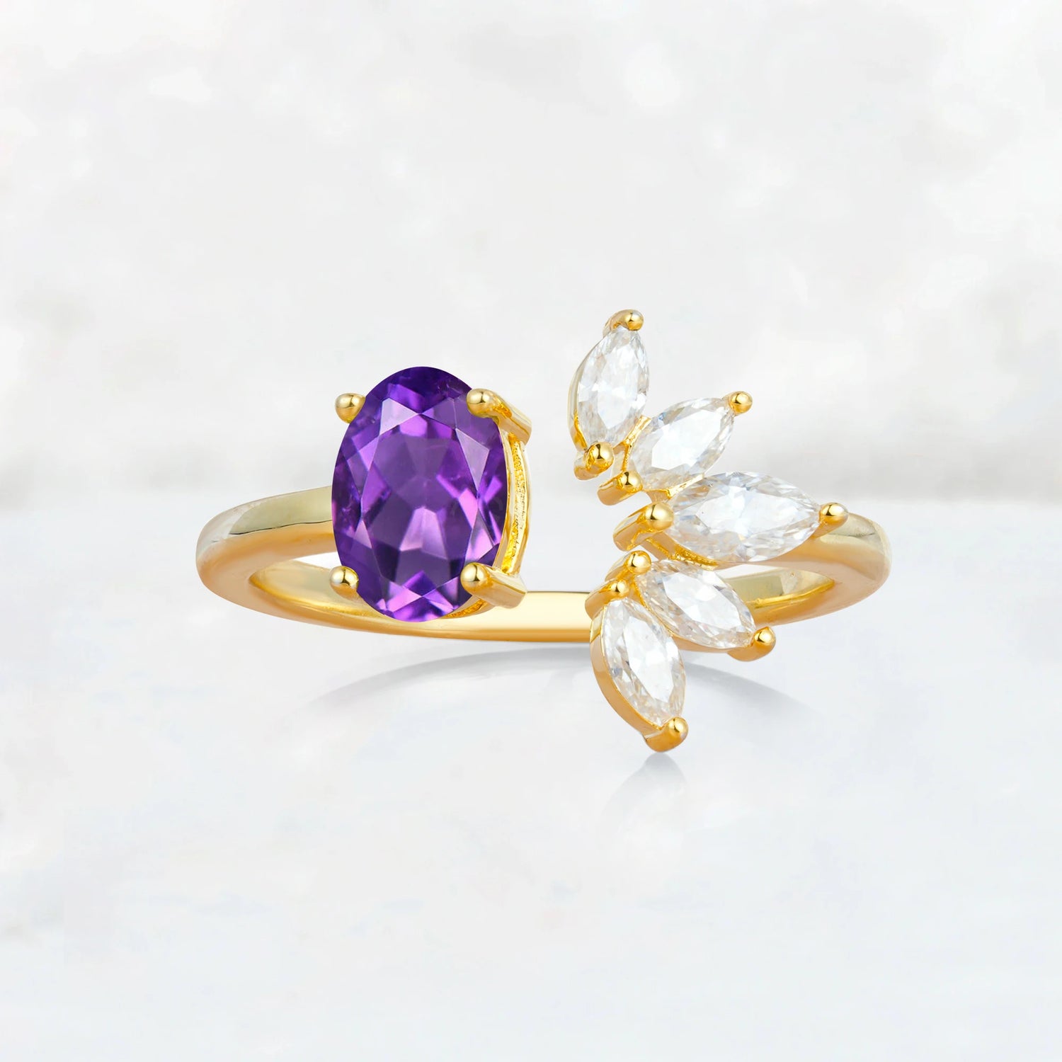 Unique Oval Amethyst Engagement Ring with Marquise Side Stones